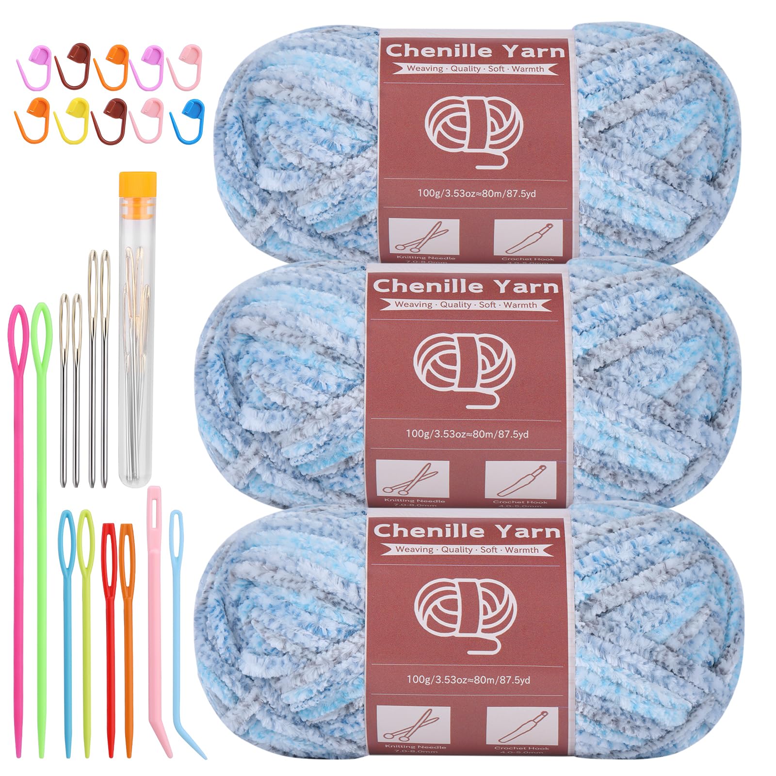 LUNARM Chenille Yarn for Crochet Knitting Chunky Blanket Velvet Yarn | 3 Pack 3.5oz/100g 263 Yard Blue Gray Gradient Yarn for Beginners Knitting Scarves with Big Eye Needles Machine Washable