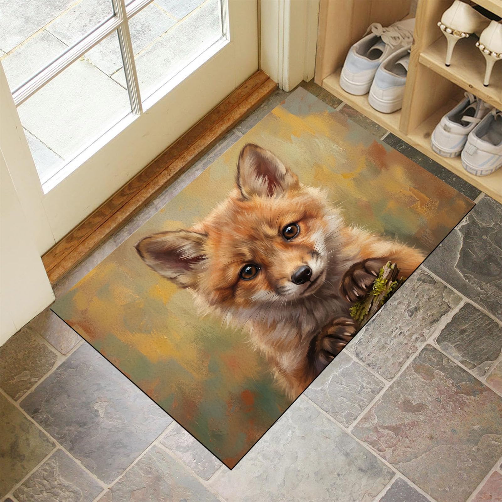 60X90Cm Zerbino Ingresso Interno Antiscivolo Assorbente, Tappeto Microfibra Sottile Lavabile Con Dipinti Ad Olio Realistici Animali Cuccioli Volpe Adorabili Per Cucina Bagno Porta Animali, Marrone