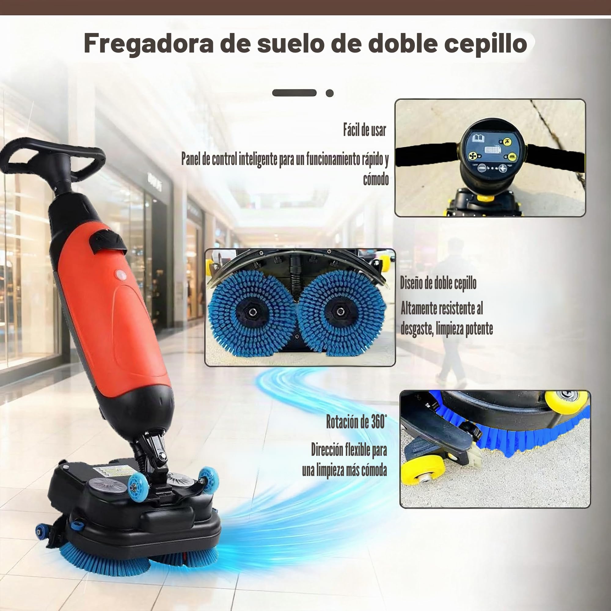 Cabezal Doble Eléctrica Fregona, Aspiradora Lavadora de Suelos Sin Cable, 2 Cepillos Rotativos 360°, Sistemas de Empuje, para Limpieza de Azulejos en Áreas Comerciales y Domésticas