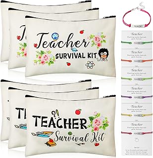 12 Pieces Teacher Appreciation Present Set, 6 Teacher Survival Kit Bag Makeup Pouch Pencil Bag, 6 Pieces Teacher Blessing Card Bracelet, Cosmetic Bag Kit for Teacher's Day (Cute Style, 9 x 5.9 Inch)