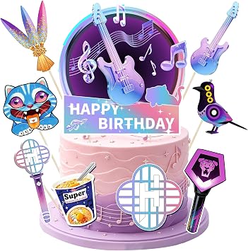Gezan Music Theme Pink Purple Birthday Cake Topper Cartoon Cake Decorations Princess Party Decorations Happy Birthday Cupcake Cake Toppers for Girl