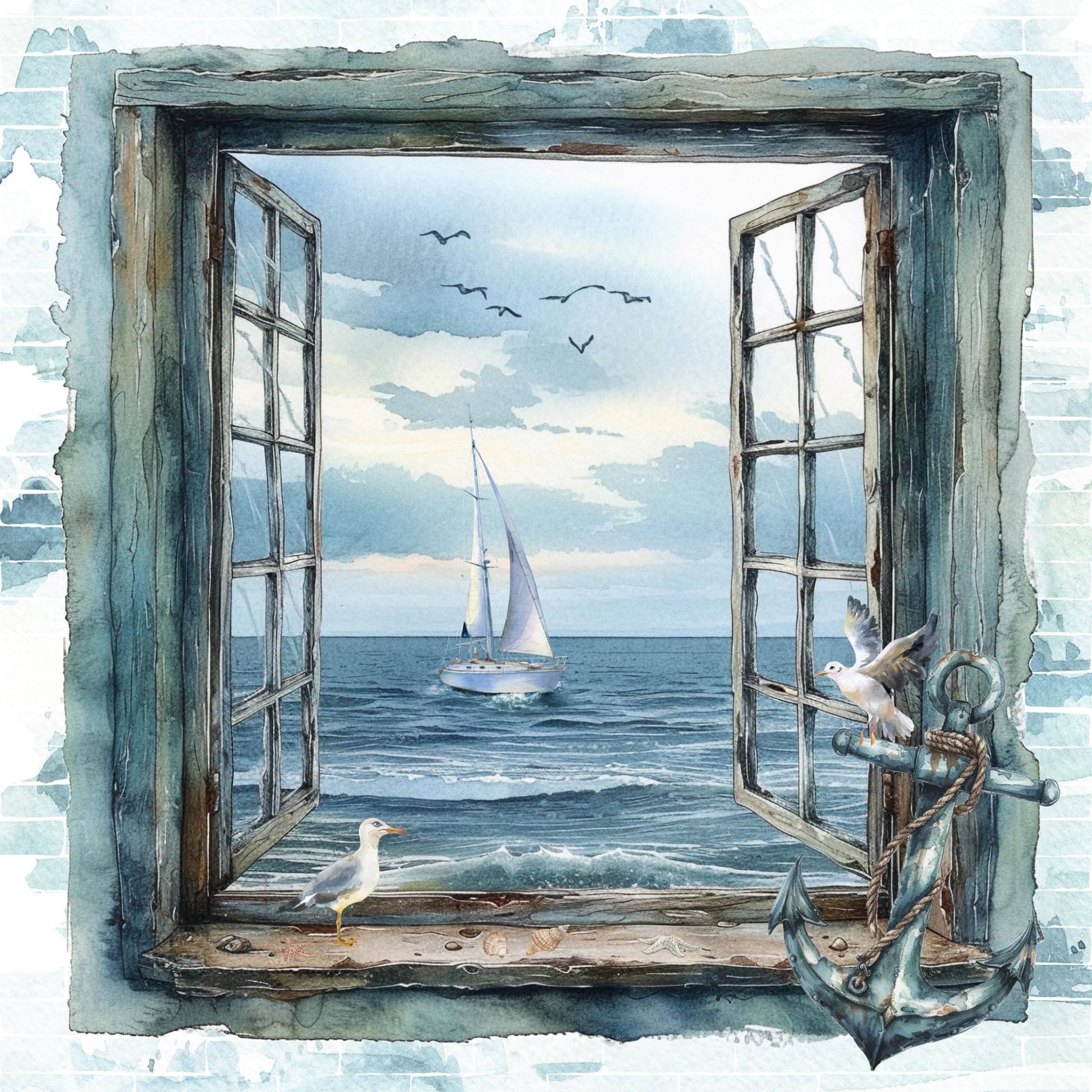 4 x Paper Napkins/33cm/3Ply/Decoupage/Window/Sea View/Sailing Boat/Gulls