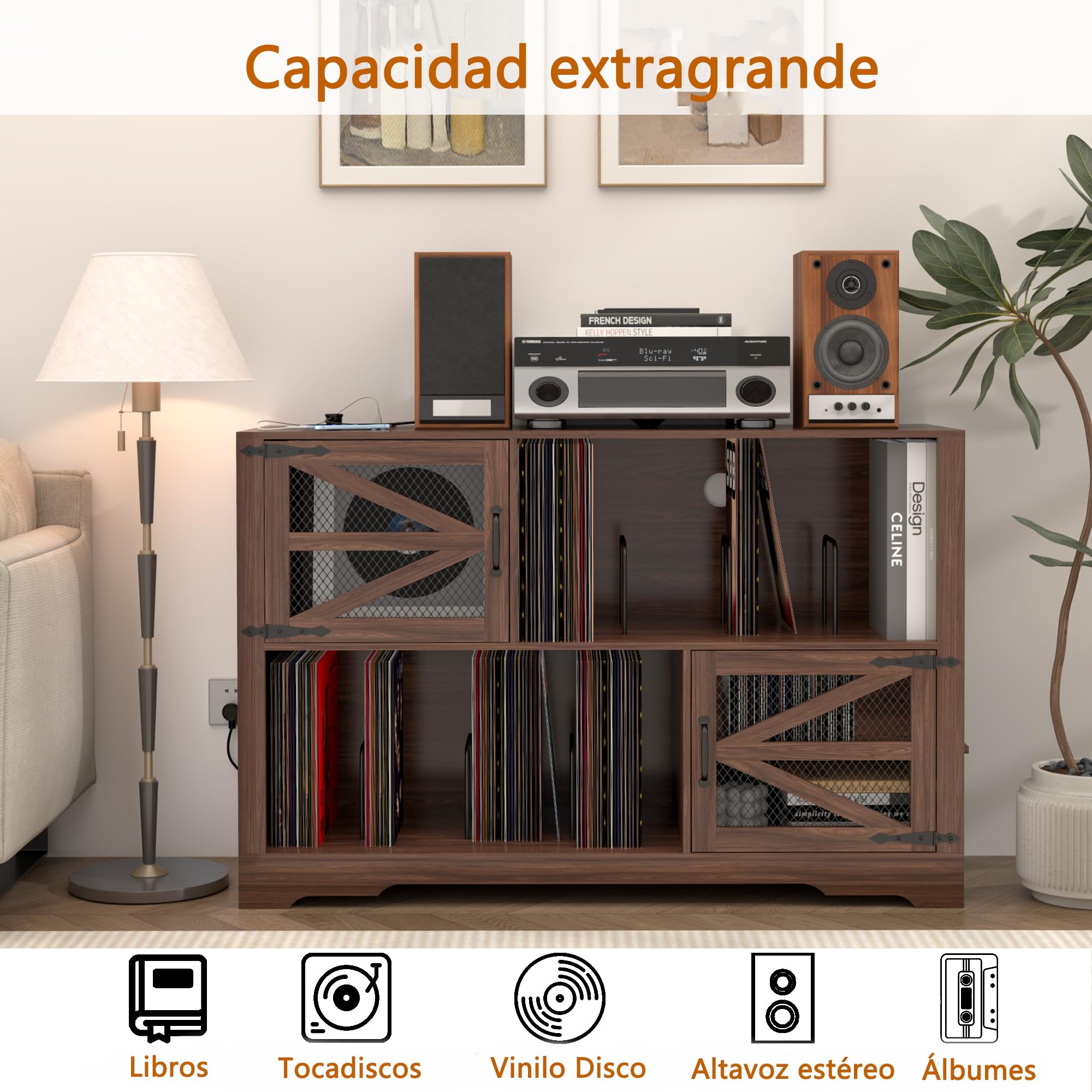 MDF Mueble para Discos de Vinilo con Acabado Nogal,Soporte para 500+ Vinilos, 2 Enchufes & 2 USB, Antivuelco, Mueble Compacto para Salón y Tocadiscos,Color Nogal（120×40×80cm）
