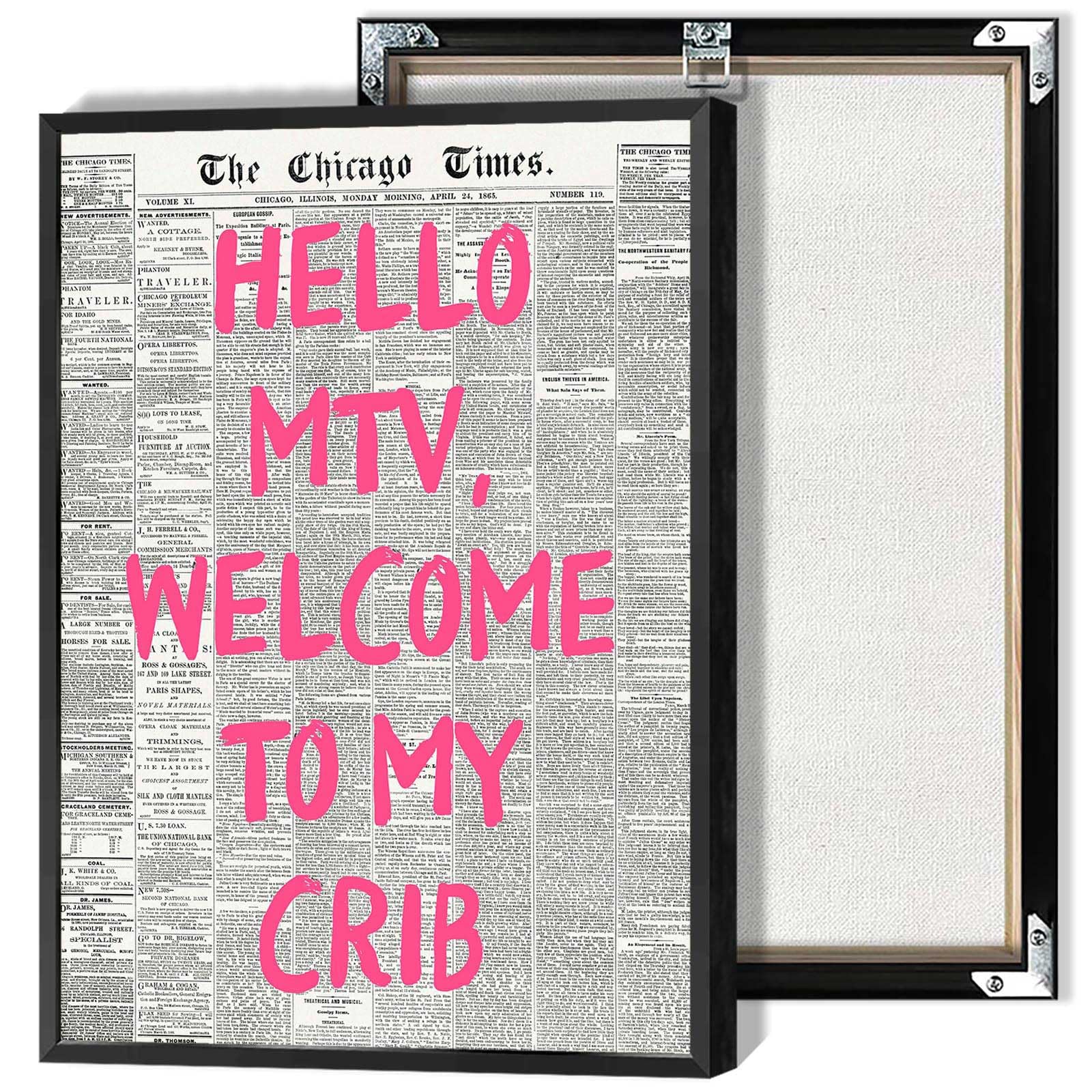 Retro Hello Mtv Welcome To My Crib Posters Pink Font Newspaper Canvas Wall Art Positive Affirming 70'S Room Aesthetic Prints Painting For Home Bedroom Dorm Wall Decor 16x24in Framed โ image 1