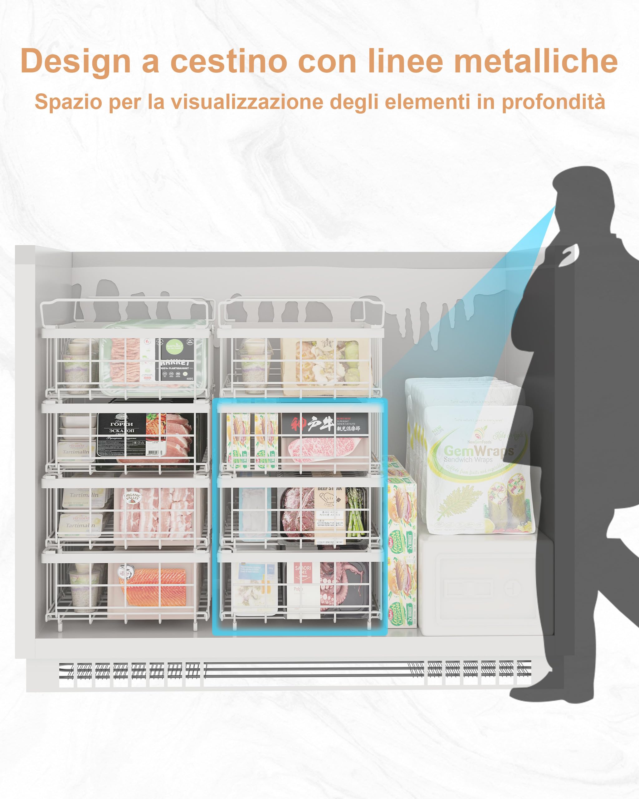 UMDONX 2 Pezzi Cestini Congelatore petto Bianco | Maniglia impilabile Cestini Congelatore,per 283L a 566L Congelatore, Organizzare gli ingredienti Congelati
