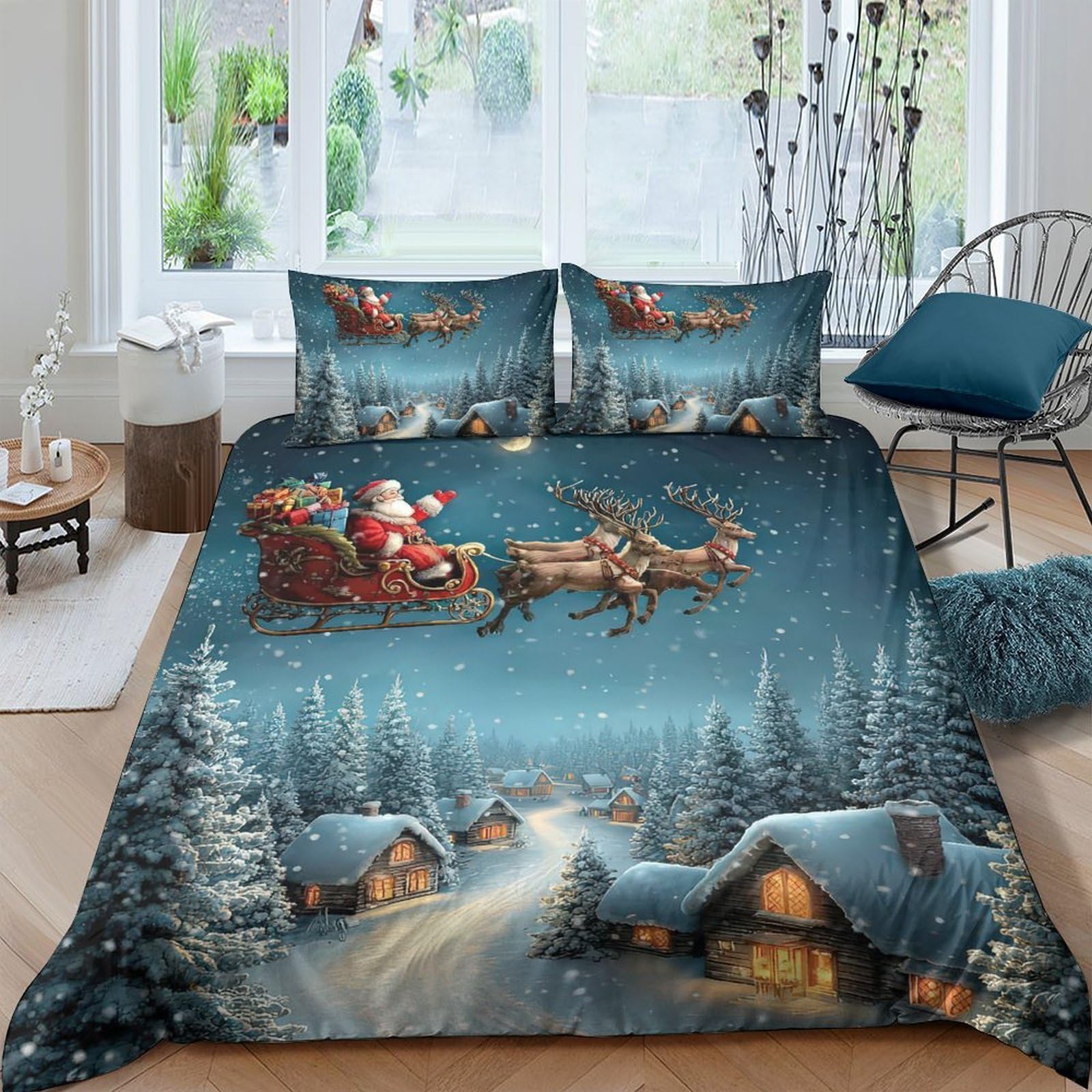 Ctjqhvkz Style-5 3D Printed Christmas Santa Sleigh Fitted Sheet Microfiber Soft Winter Village Bed Cover For Bedroom Guestroom Single（135X200cm）