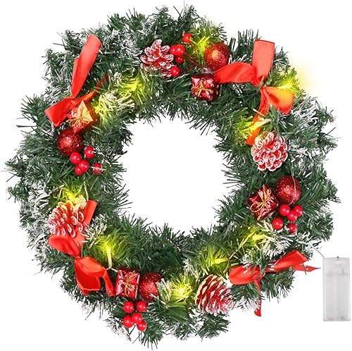 Corona de Navidad coronas de Navidad LED de 16 pulgadas para puerta delantera con luces decoraciones de Navidad con piñas bayas rojas adorno de bola