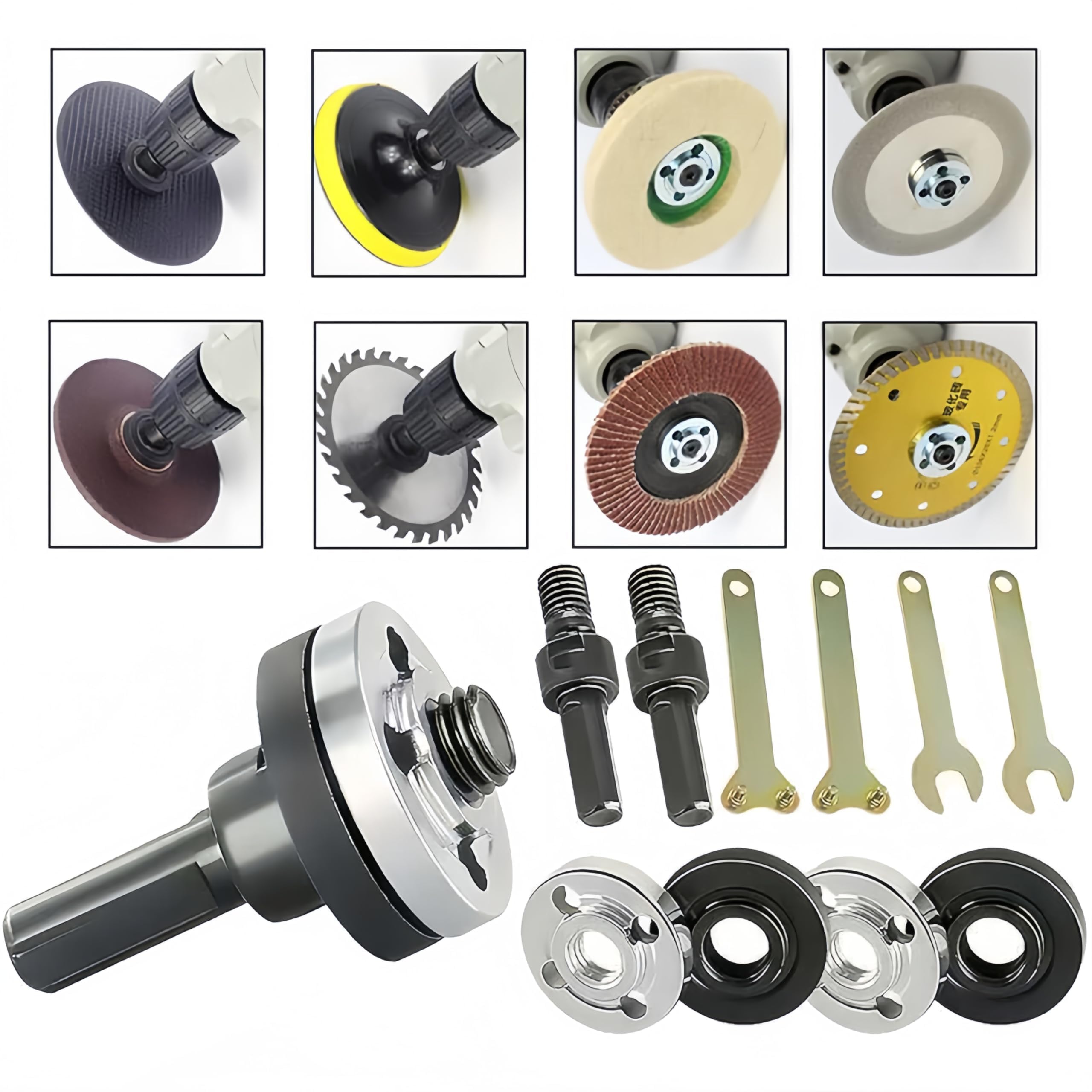 Kit 10 Adaptateurs Perceuse En Meuleuse D'Angle – Convertisseur Pour Disque Coupe, Ponçage, Meulage Métal Bois, Avec Clé De Serrage