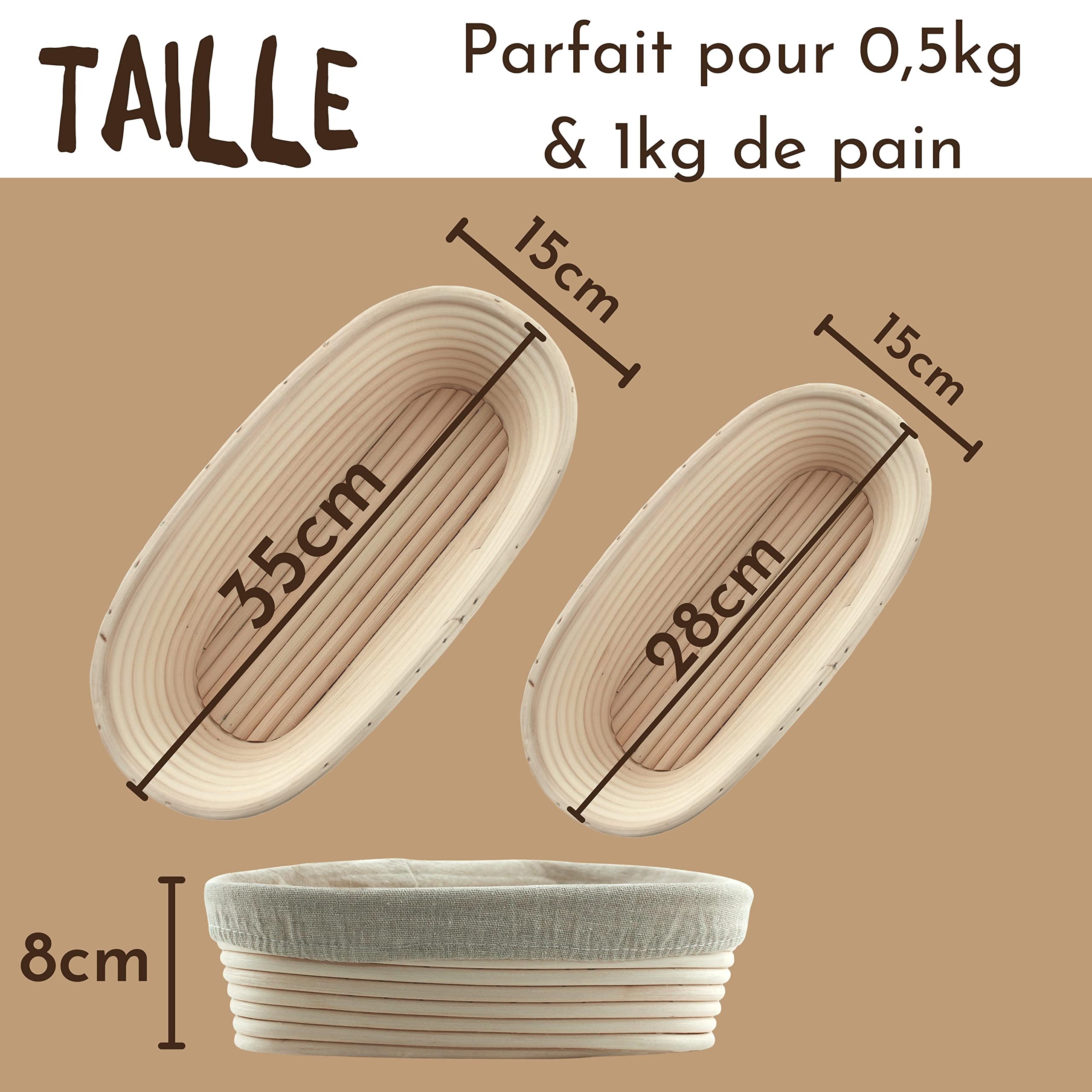 riijk 2 Bannetons à Pain + Racleur de Pâte - 2 Paniers Naturels (Ovals, Ø 28 et 35 cm) pour Faire Son Propre Pain - Tissu en Lin Inclus - Serré avec de l’Acier Inoxydable