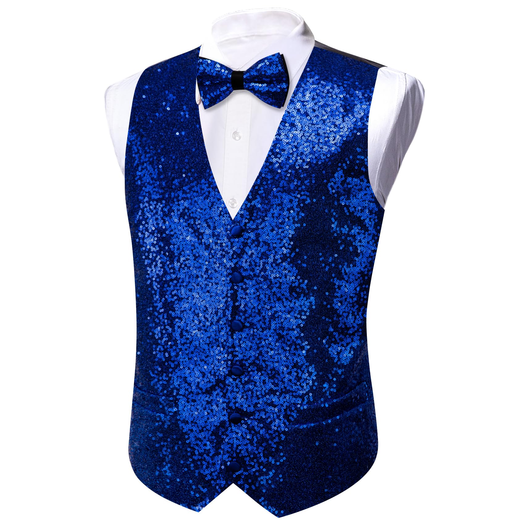 Barry.Wang Mens Shiny Sequin Vest Leisure/Casual V-neck Waistcoat Bowtie Set with pockets Festival Party 2PCS