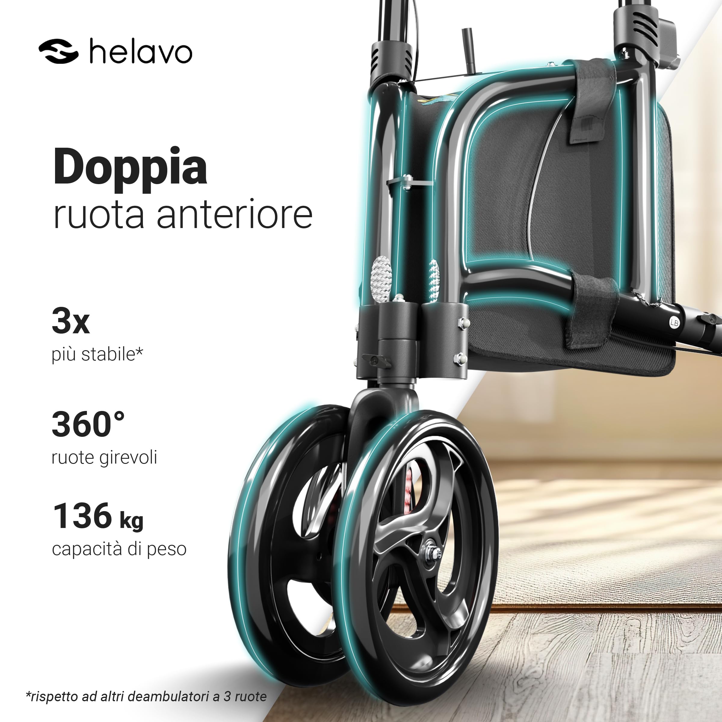 Helavo Deambulatore a 3 ruote con Doppie Ruote Anteriori - Solo 5,5 kg, Pieghevole, Deambulatore per Anziani, Stretto per Interni, Girello per Anziani in Alluminio