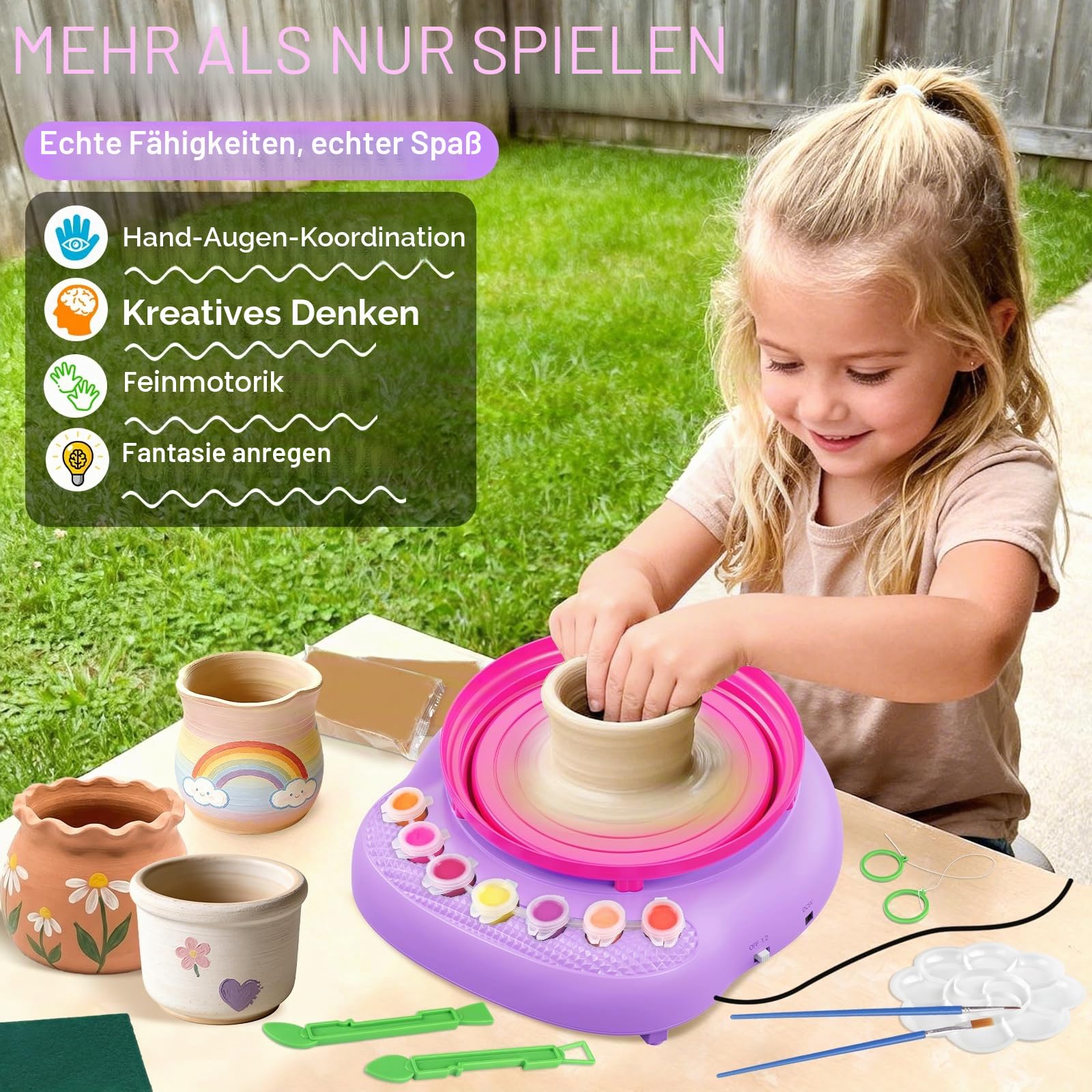 Töpferscheibe Kinder elektrisch,Töpferset 6-12 Jahre mit Ton | Komplettes DIY-Bastelset mit 3x lufttrocknendem Ton, 14 Farben, Fußpedal & USB – kreatives Geschenk für Mädchen und Jungen