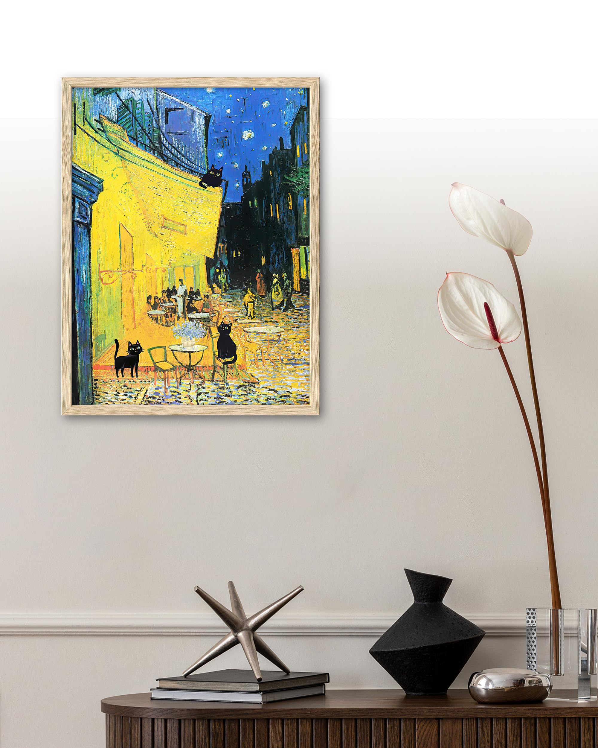 UPWOIGH Beige Oak Wood Framed Canvas Wall Art,30x40CM,3 Black Cats at Vincent Van Gogh's Cafe Terrace at Night,Impressionist Painting,French Cityscape Print,Funny Cat for Kids Room Bathroom,1Pack - Image 4