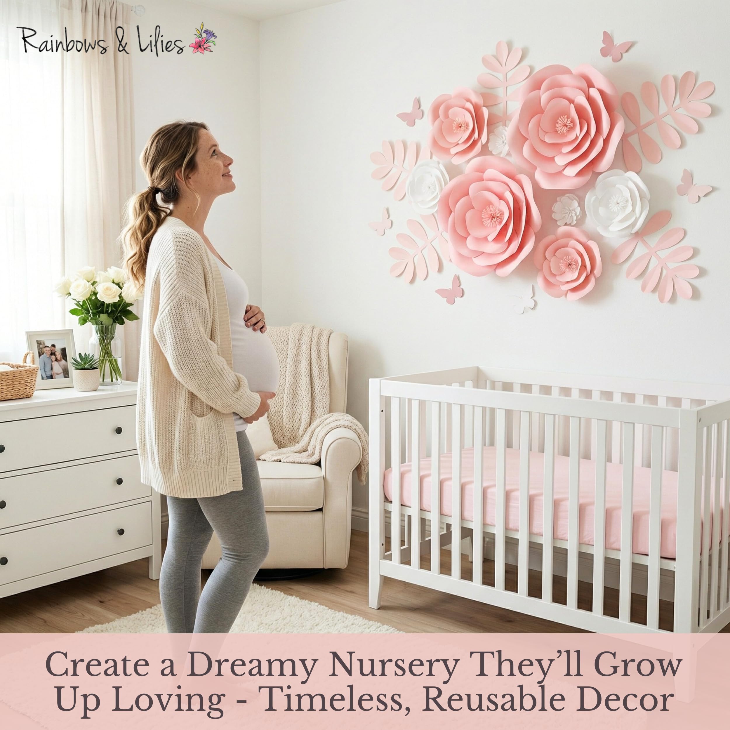 Mverse Papieren bloemendecoraties voor muur, handgemaakte set met bladeren en vlinders, 14 stuks kit, elegante decoratie kwekerij, bruiloft en babyshower decor, roze en wit bloemen pastelkleuren