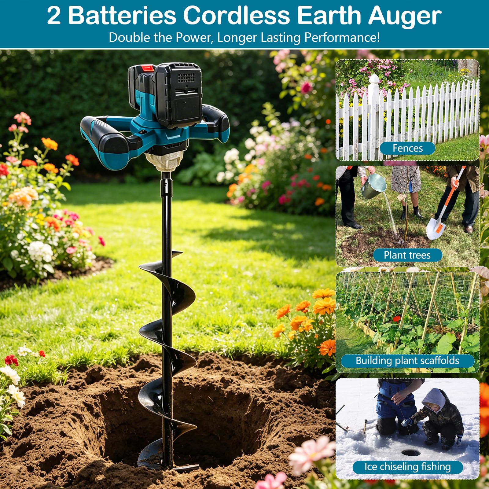 Tarière Sans Fil, 1200W Moteur Sans Balais, Tarière Professionnelle (Forets non Inclus) pour Construction de Clôtures, Jardin et Fondations, Mélangeur de Mortier, Incluse Batterie et Chargeur
