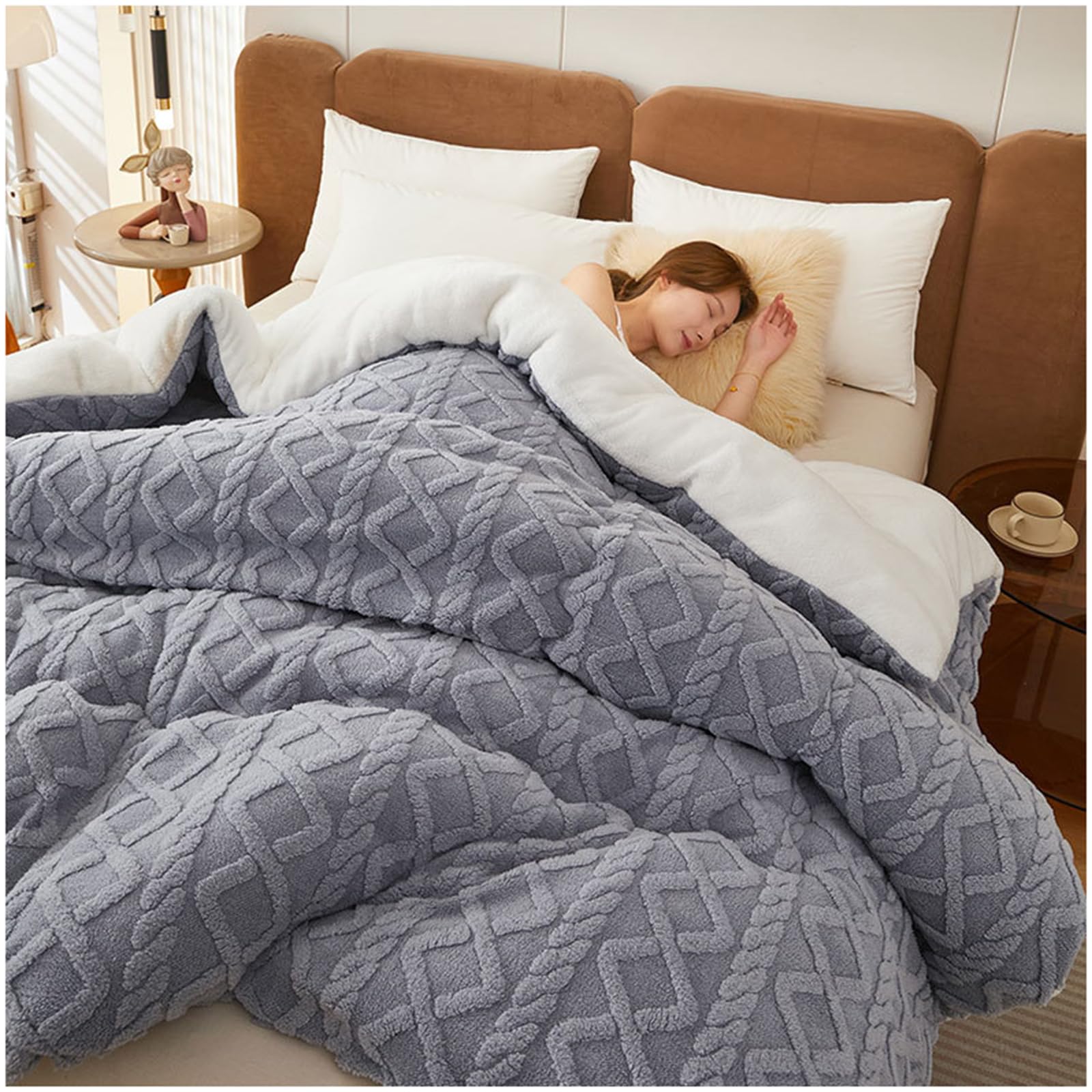 Ztgl Grey Thickened Super Soft Insulation Hibiscus Winter Quilt, Lamb Velvet And Flannel Double Fabrics, Breathable Warmth Fluffy Plush Double Sided Velvet Blanket