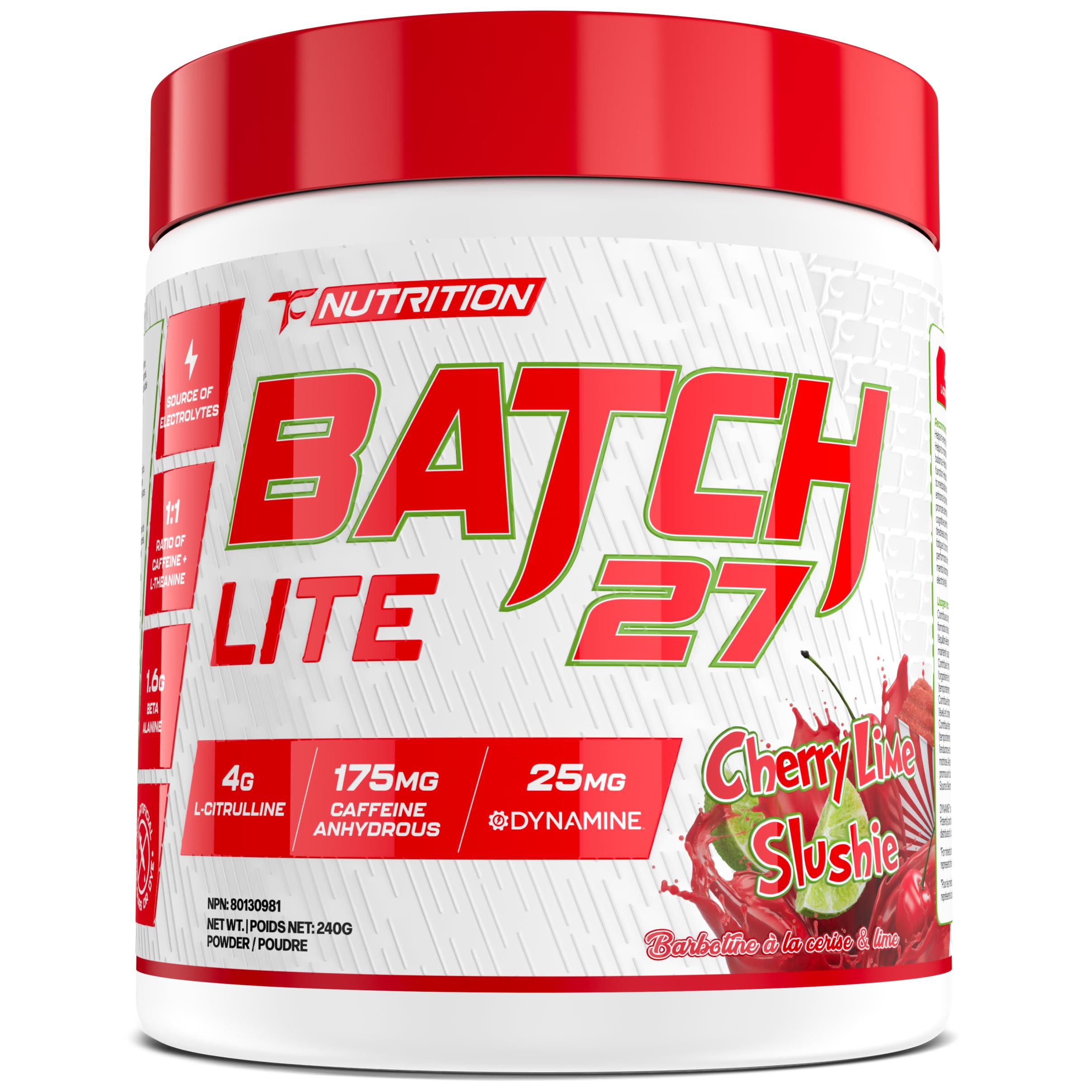 TC Nutrition Pré-Treino em Pó Batch 27 LITE com L-Citrulina, beta-alanina, cafeína, Dynamine e eletrólitos, 20 porções, sabor Cherry Lime Slushie