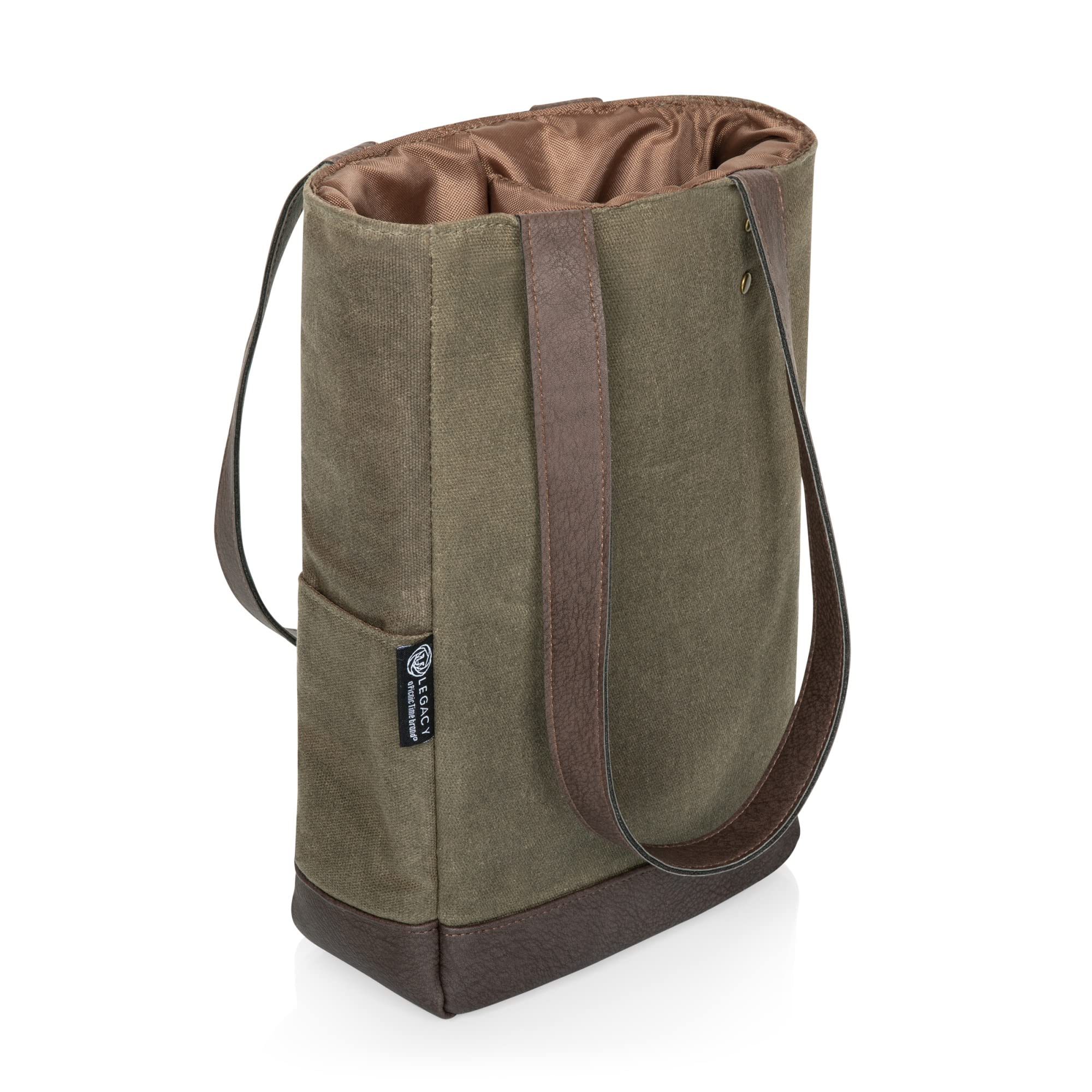 PICNIC TIME 2 and 3 Bottle Insulated Wine Bag, Distressed Waxed Canvas Wine Tote, Durable Bottle Carrier Bag for Gifts and Travel with Side Pockets & Removable Divider (Khaki Green with Brown Accents)
