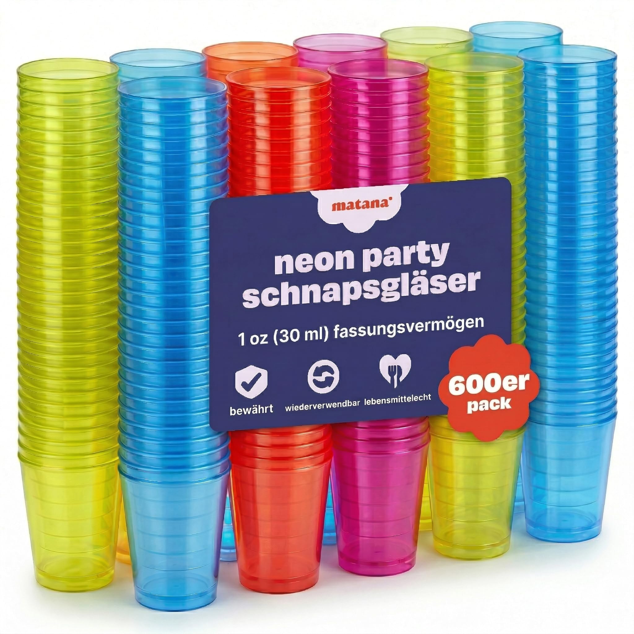 MATANA 600 Plastic Shot Glasses, Neon (30ml / 1oz) - Reusable - UV-Reactive - Jelly Shots, Sample Tasting Cups, Plastic Shot Cups for Parties, Birthdays, Weddings, Stag, Hen Parties