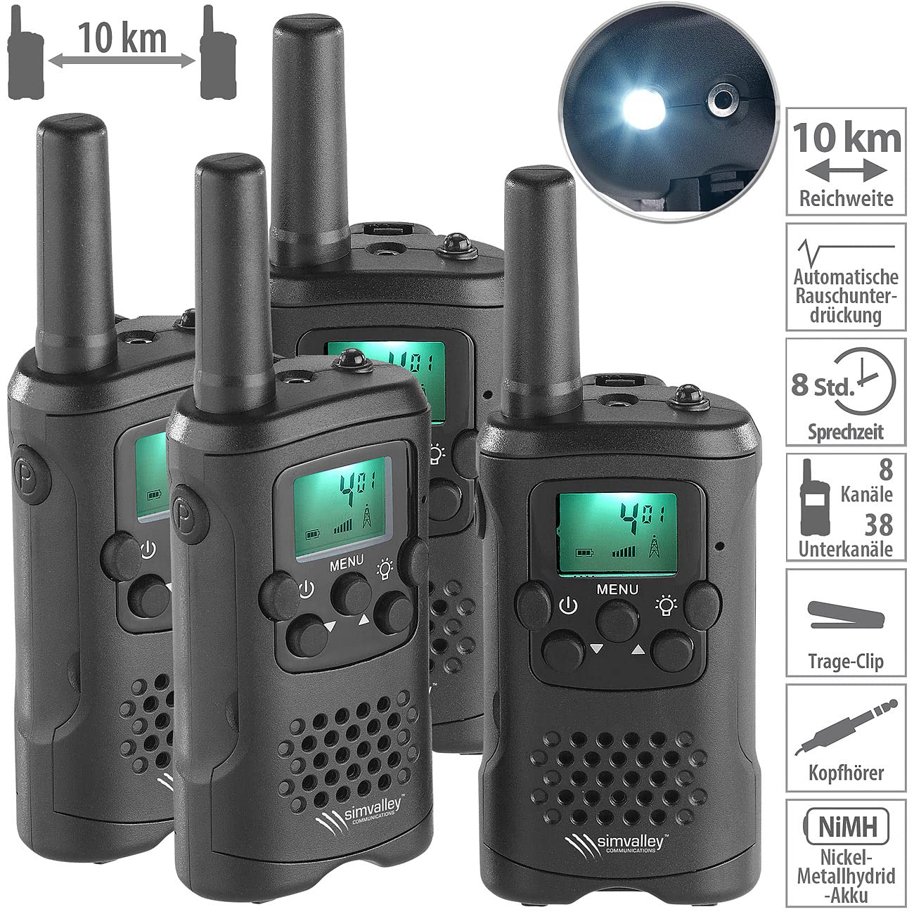 Communications Walki Talki: 4er-Set PMR-Funkgeräte mit VOX, bis 10 km Reichweite, LED-Taschenlampe (Walkie Talkie Set, Funkgerät Talkies, 2er)
