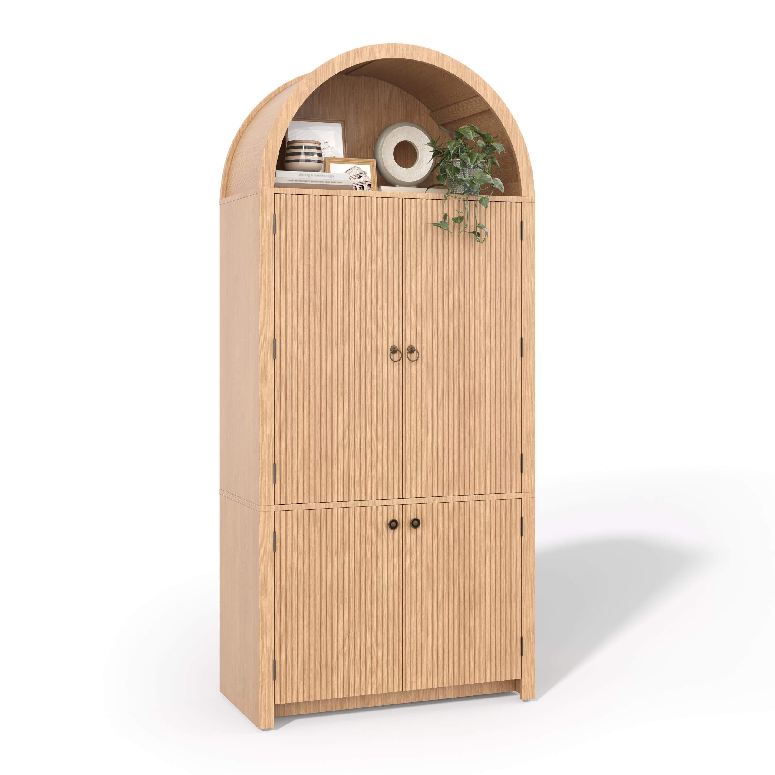 Armario arqueado 180 × 80 × 40 cm, vitrina con estantes para puerta y compartimento superior abierto, aspecto de madera, natural, para cocina, comedor, salón, dormitorio