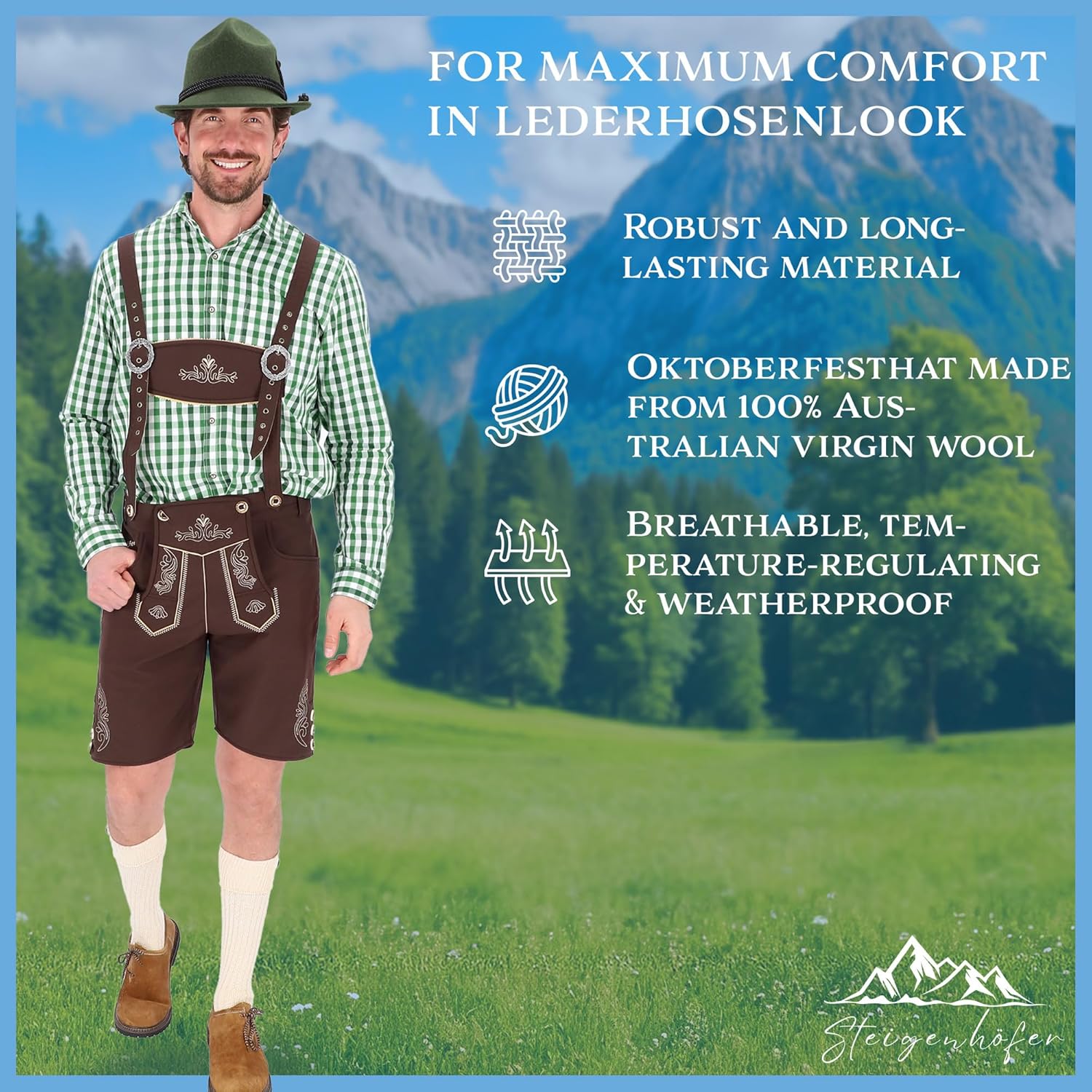 Steigenhöfer German Alpine Hat - Hans - 100% Wool Hats for Men - Adjustable - Oktoberfest Bavarian hat with Real Bird Feather - Image 2