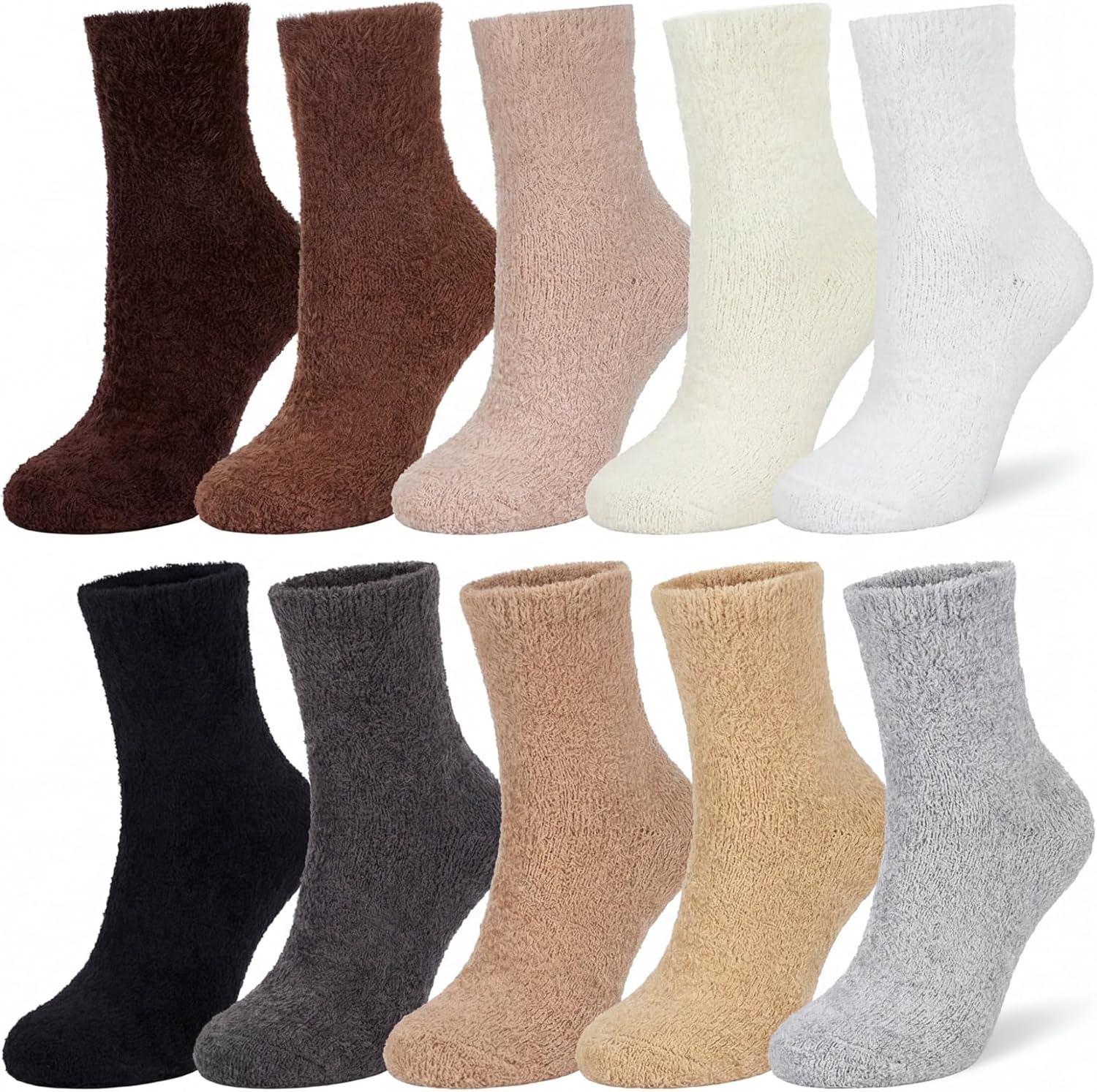 Eurzom 10 Pairs Brown Fuzzy Socks for Women Fluffy Warm Slipper Socks Bulk Winter Gifts for Home Sleeping