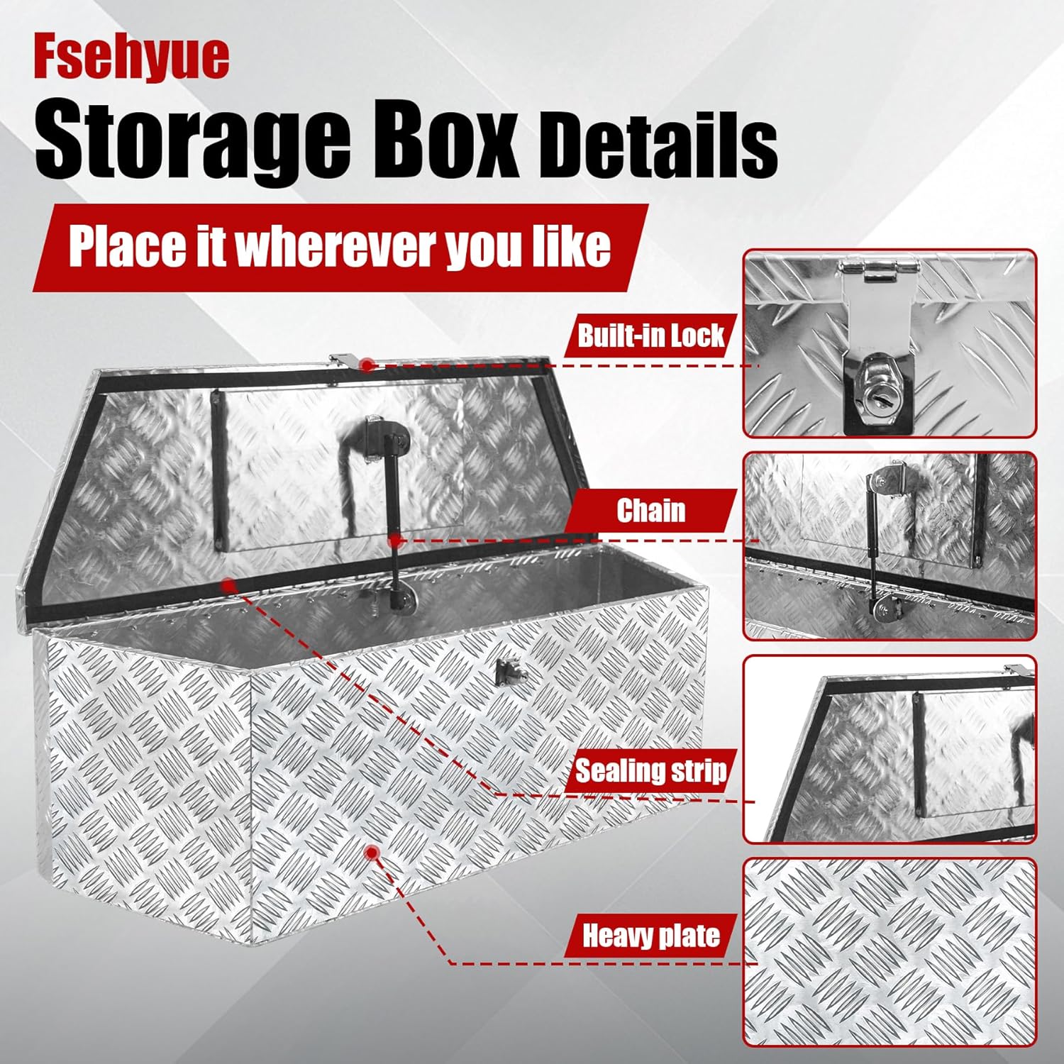 36x12x12 Inch Aluminum Trailer Tongue Tool Box Heavy Duty Storage Box 5 Bar Tread Pattern Toolboxes with Lock and Keys Suitable for Trailer RV