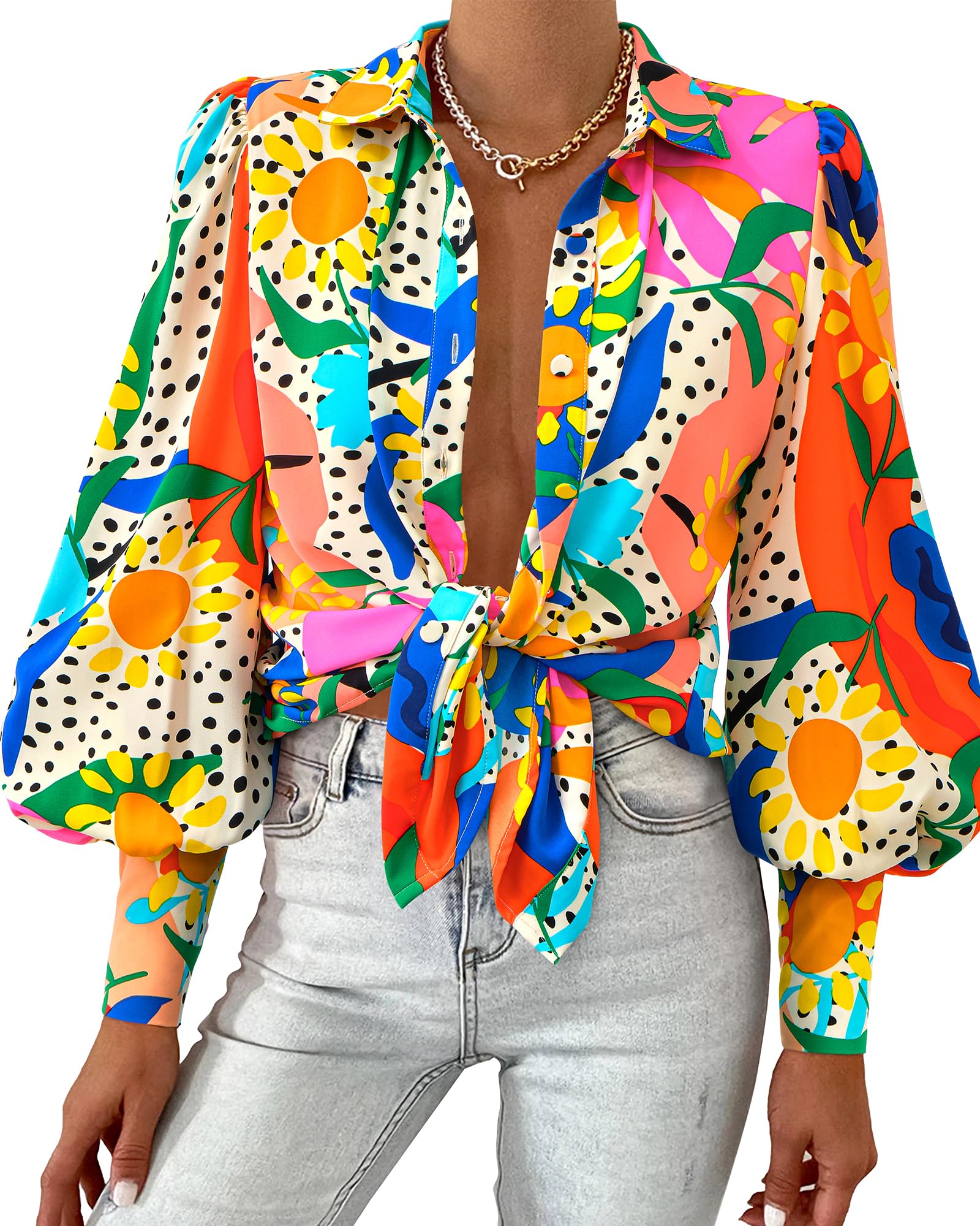 BTFBMWomen Fashion Button Down Shirts Lapel V Neck Printed Solid Boho Long Sleeve Blouses Dressy Casual Summer Fall Top