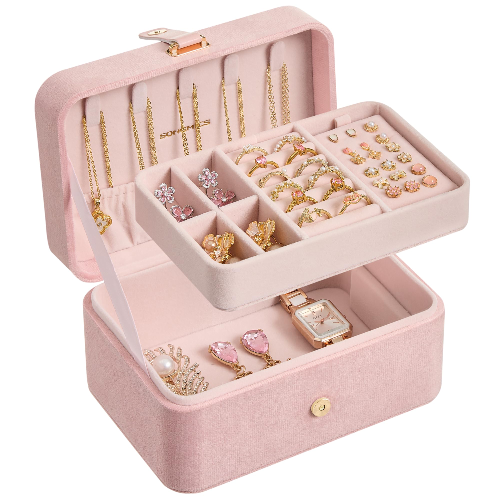 SONGMICS Jewelry Organizer Box, Travel Jewelry Case, 2-Layer Travel Case for Earrings, Necklaces, Bracelets - Portable Jewelry Storage with Large