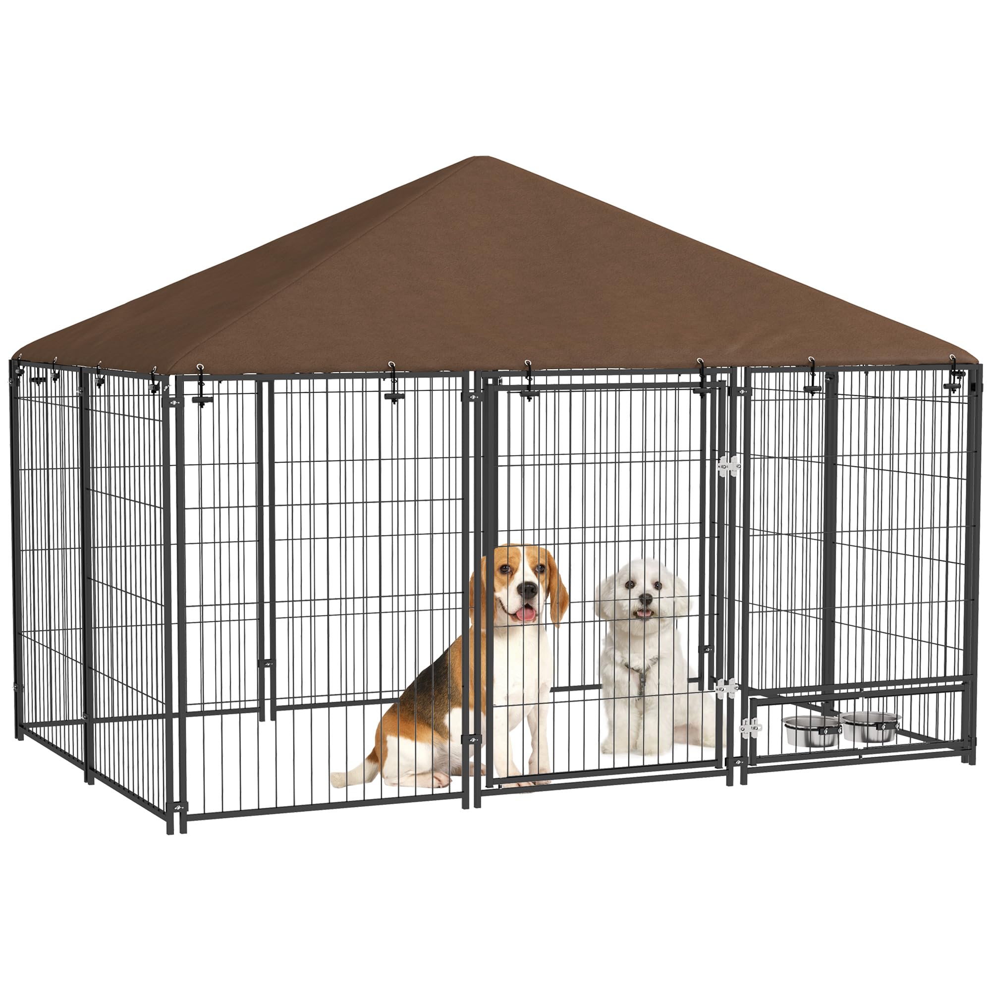 PawHut Perrera con Toldo Parque para Perros Metálica de Exterior con Soporte Giratorio para Comida 2 Cuencos para Patio Jardín Terraza 211x141x151 cm Negro