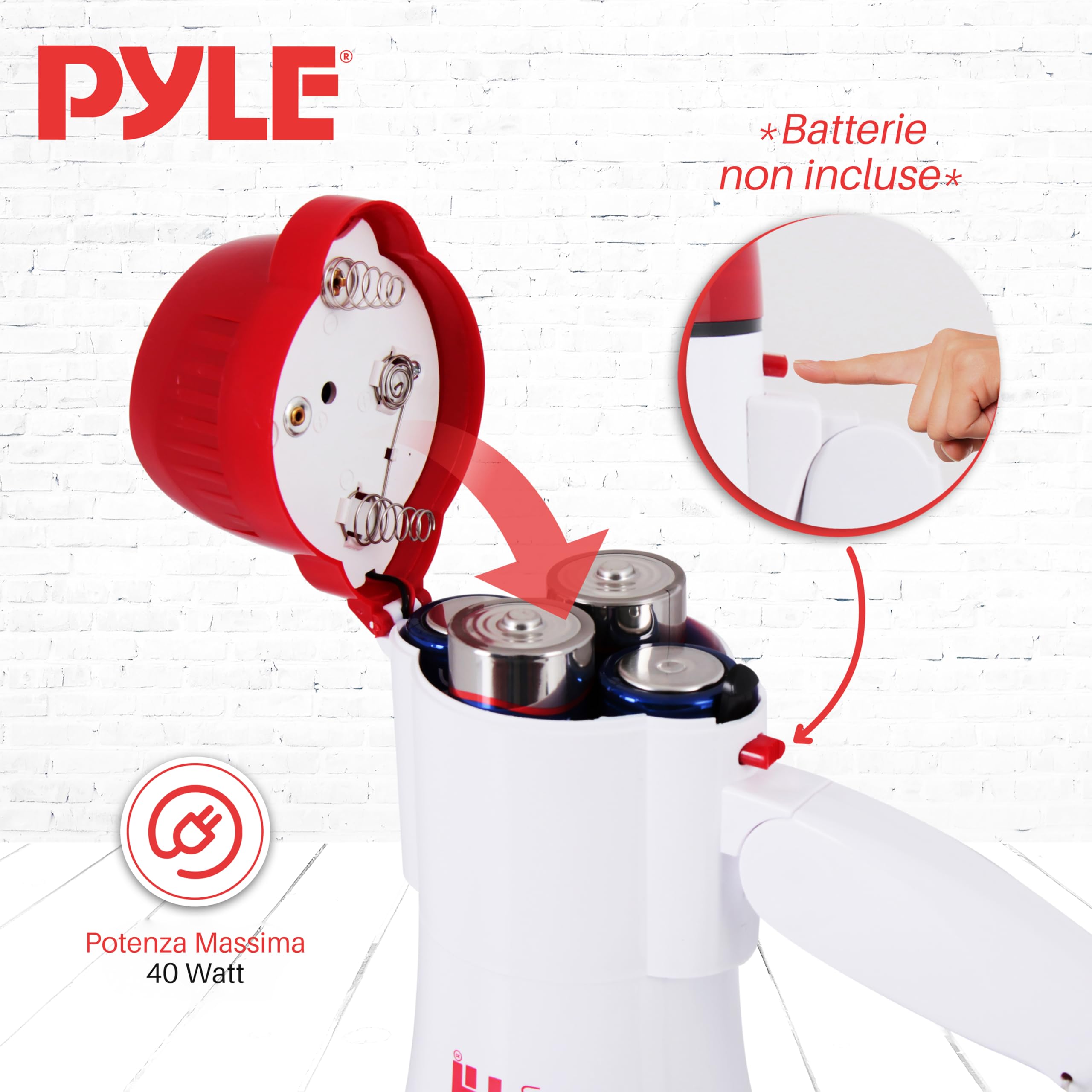 Pyle Megafono 40 Watt, Megafono Portatile con Suono Chiaro e Manico Ergonomico, Multifunzione con Talk, Sirena e Controllo Volume, Microfono Staccabile