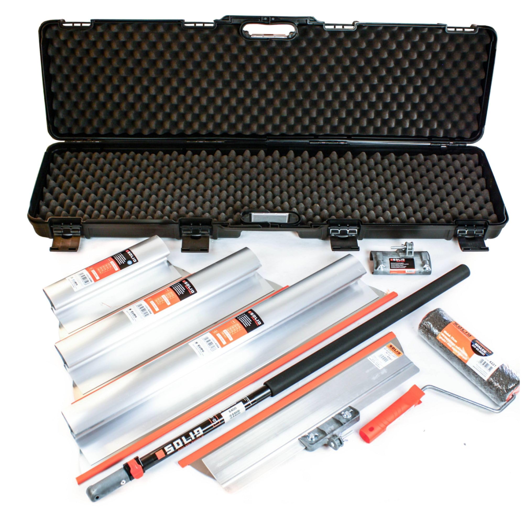 SET: 3 x Flächenspachtel (350mm, 550mm, 800mm)+ Aluminium Teleskopstange + Stielaufnahme + Rollspachtel + Koffer - Made in EU