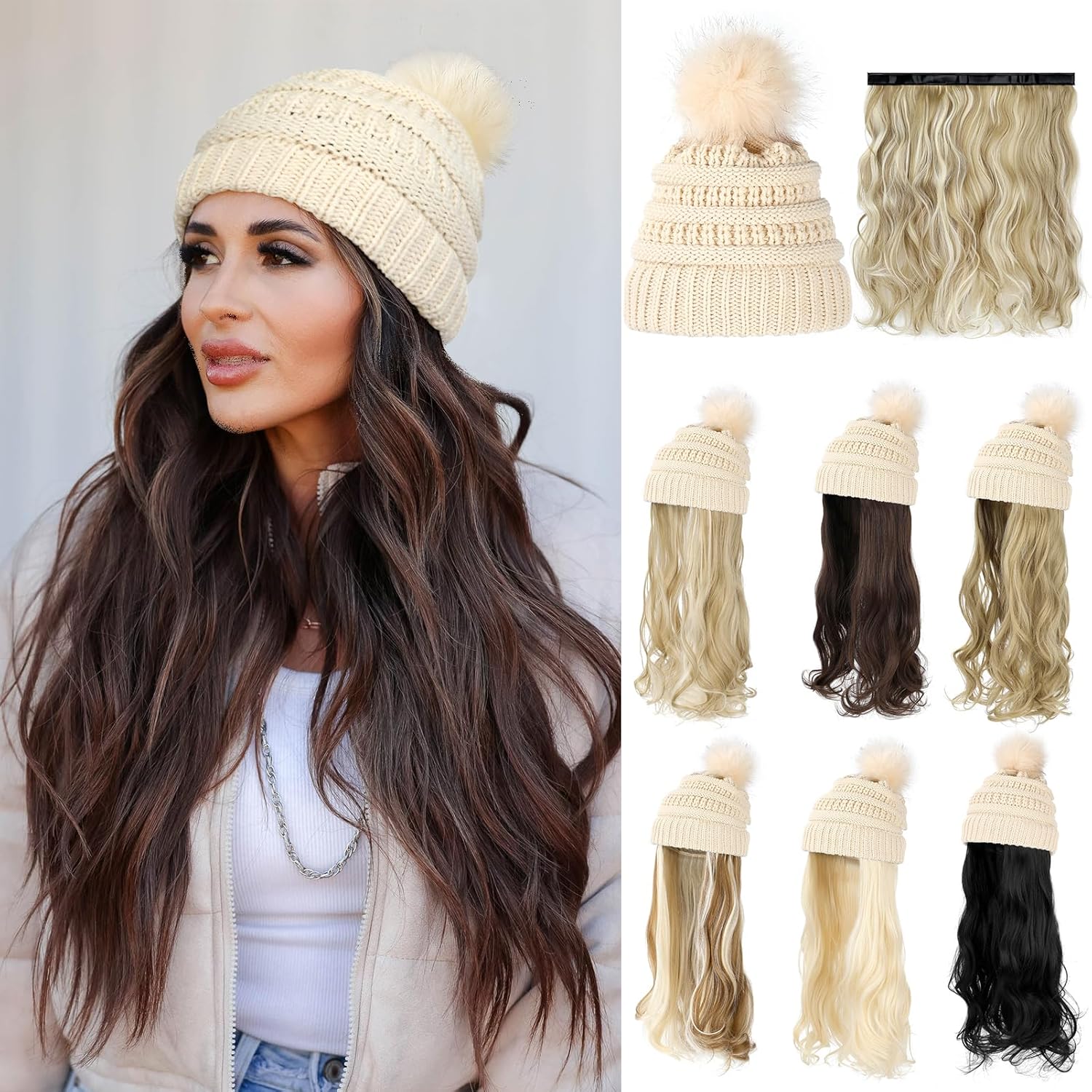 Hat Wig Beanie Hat with Hair Long Wavy Extensions Knit Pom Pom Hat Attached 20" Synthetic Removable Hairpiece for Women Winter Dark Brown Dark Brown - K