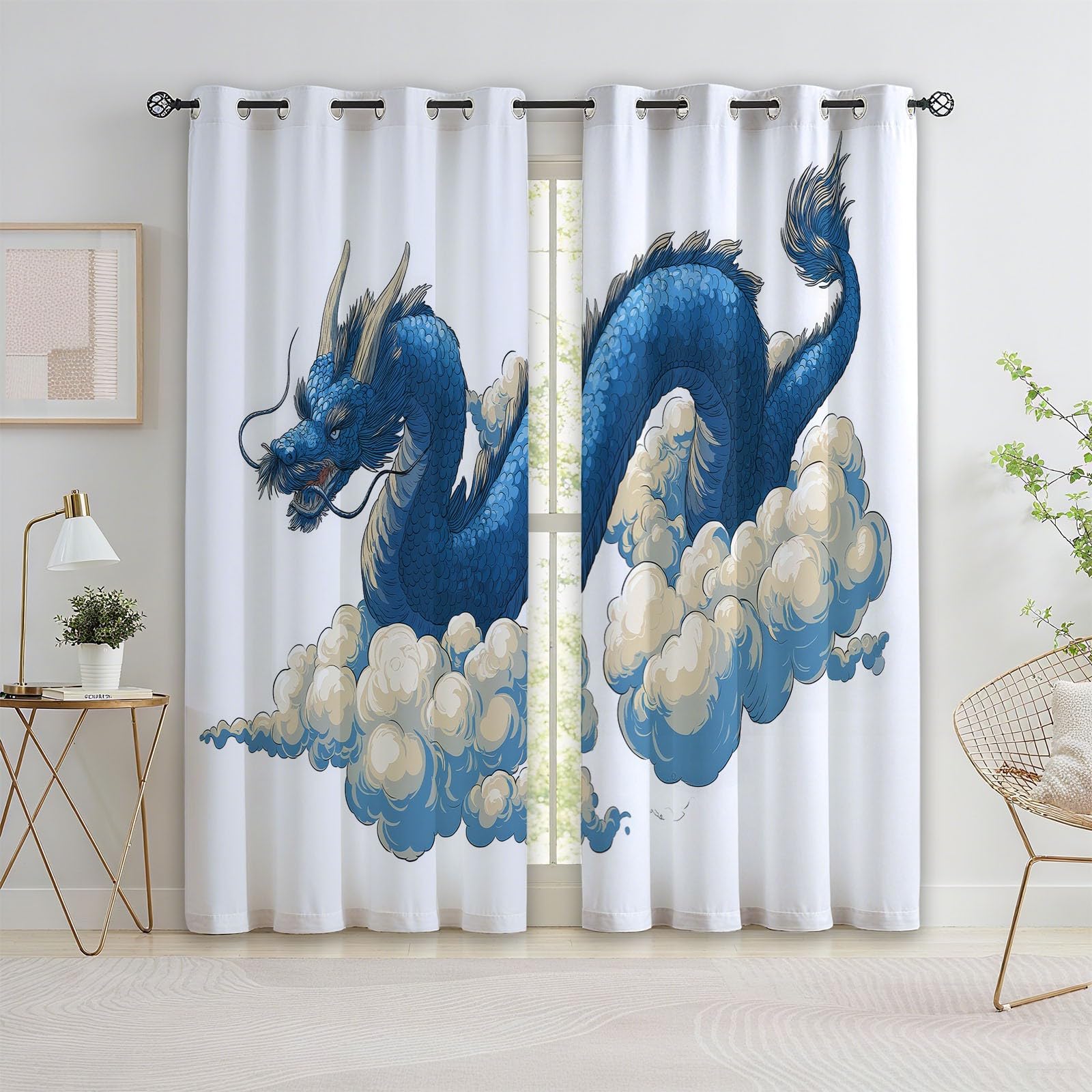 Chińskie zasłony zaciemniające z niebieskim smokiem, białe, 140 x 250 cm, przelotki, izolacja termiczna, redukcja hałasu, przyciemniane zasłony do sypialni i salonu, 100% prywatności zasłony