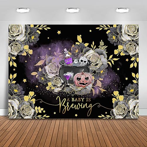 Mocsicka Telón de fondo de Halloween para baby shower con texto en inglés A Baby is Brewing Halloween, decoración de fiesta de baby shower, telón de