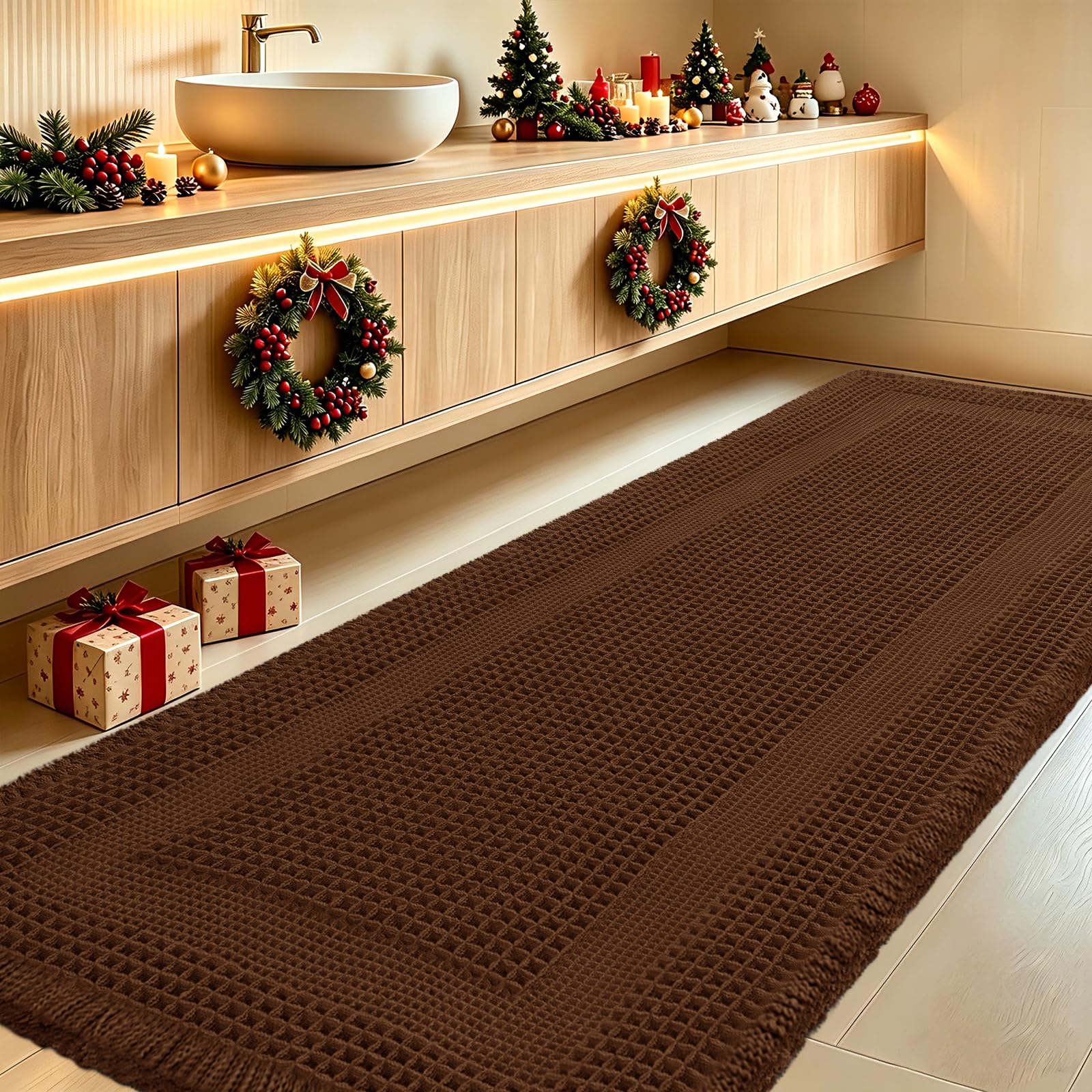 Extra Large Waffle Bath Mat, Boho Woven Modern Bath Rug Absorbent Non Slip, Ultra Soft Bathroom Mats, Machine Washable Knit Bath Rugs with Tassels for Bathroom, Bedroom, Kitchen, Shower, 6'x2', Brown