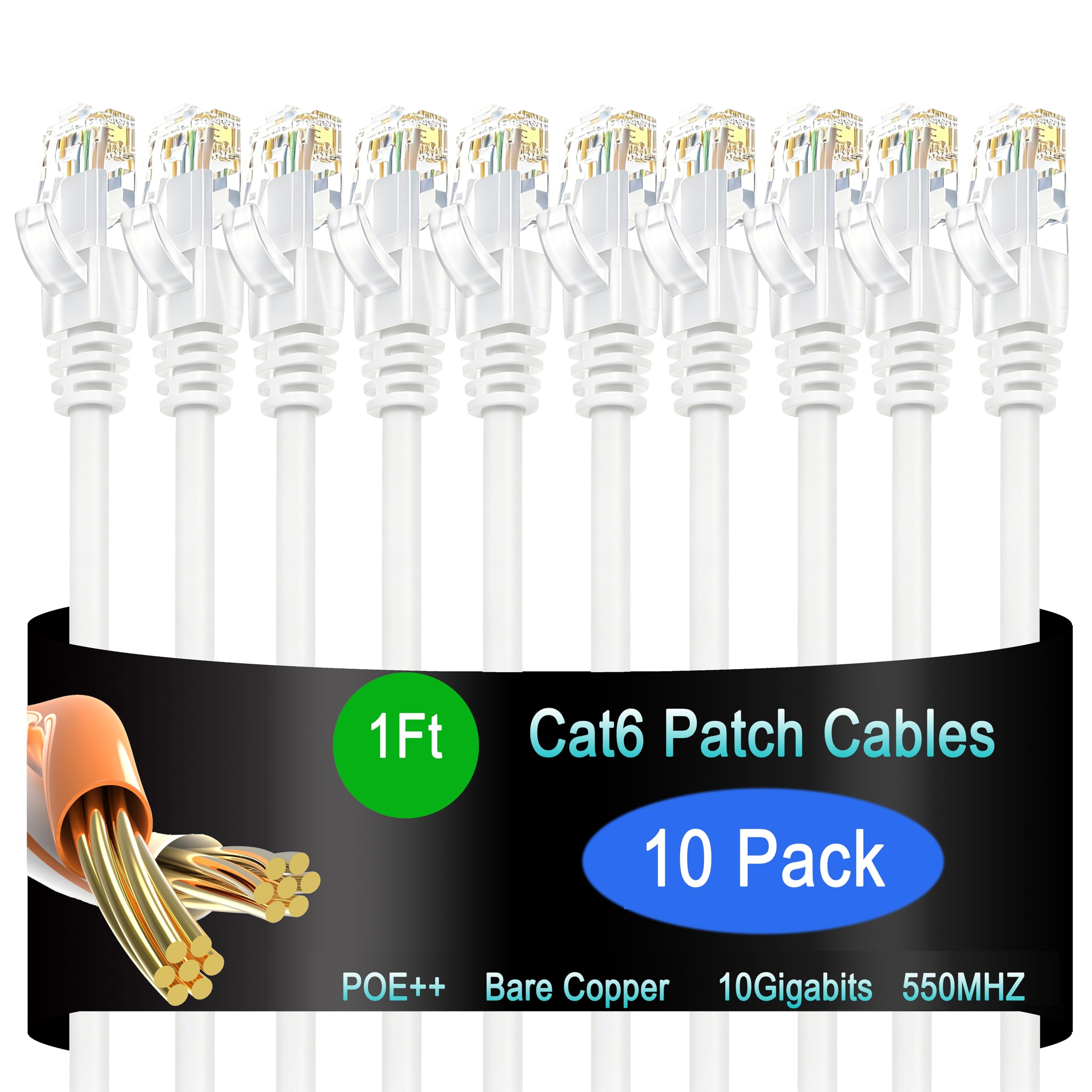 Cable de conexión Ethernet Cat6 de 1 pie (paquete de 10), cable de conexión Cat6 para centros de datos, cable de conexión Cat 6 10G, cables de conexión de red para red doméstica y empresarial