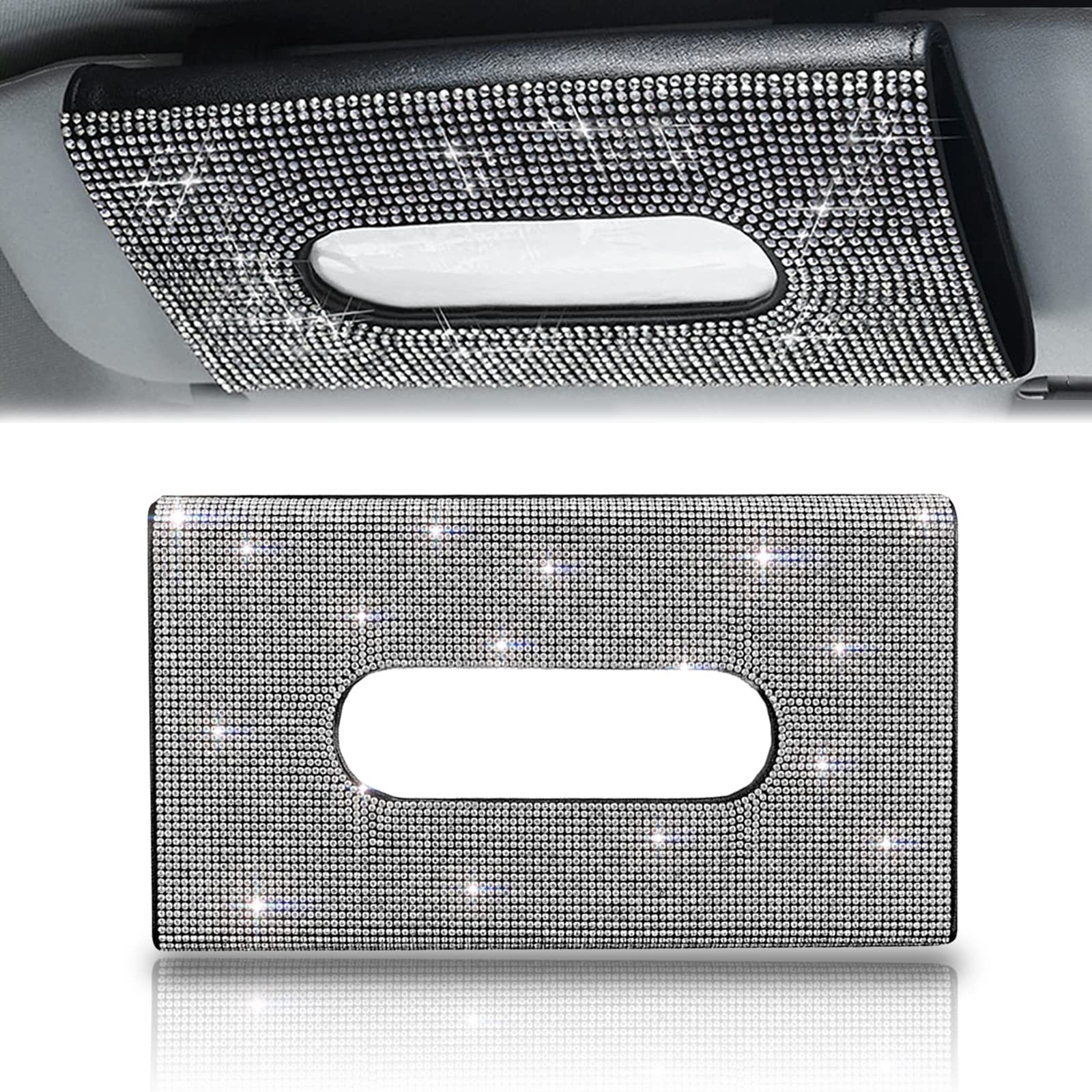 Miytsya 1 PC Bling Car Sun Visor Tissue Mask Box Holder, PU Leather Back Seat Tissue Case, 9In Hanging Crystal Diamond Napkin Holder Paper, Universal Bling Car Accessories for Women & Men (Black)