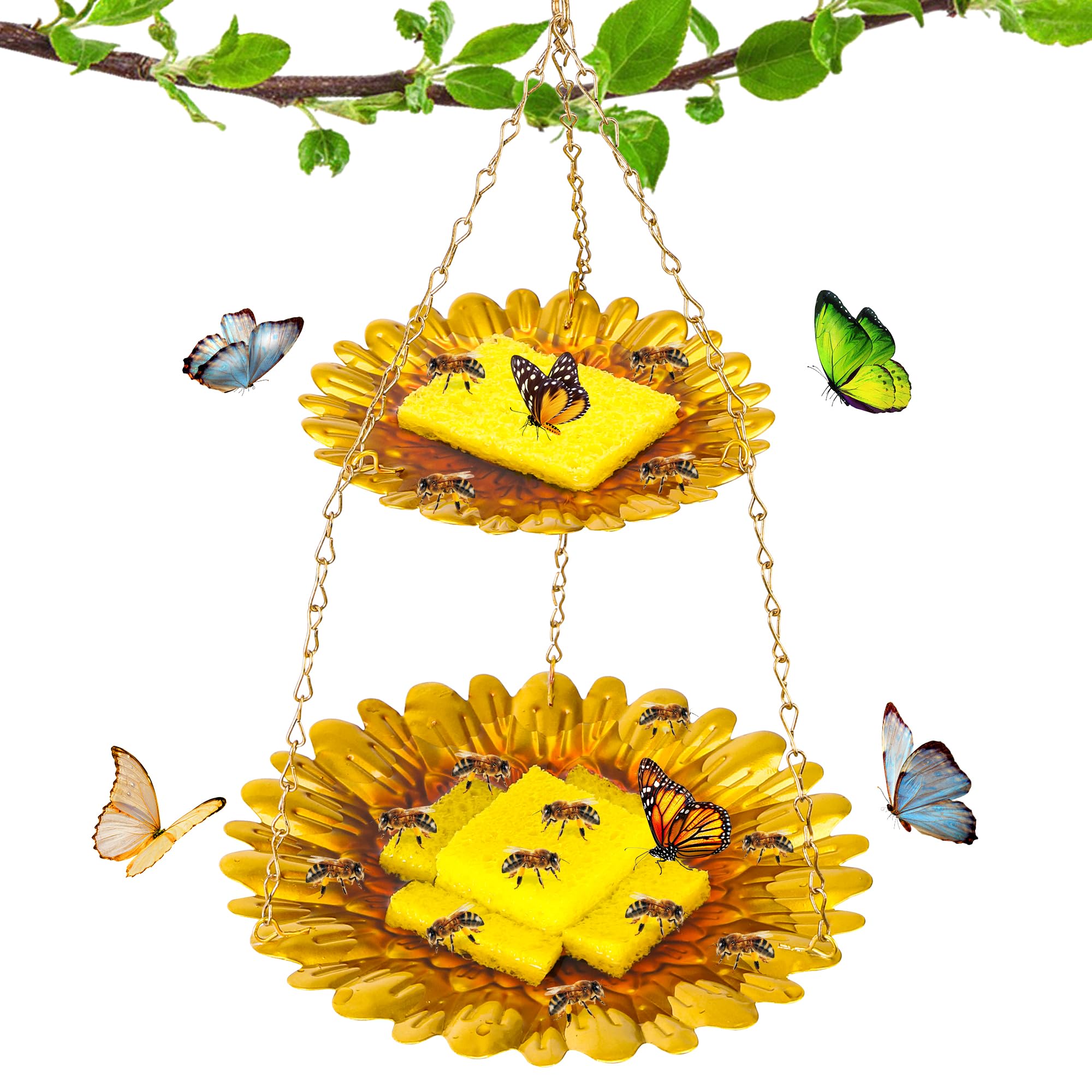 DECOHS Double-Deck Bee Feeder with Vivid Flower Design, Anti-Rust Iron Butterfly Bee Watering Stations with 2 Sponge, Hanging Butterfly Bath Bowl Bee Drinking Cup for Garden Yard Outdoor Decor