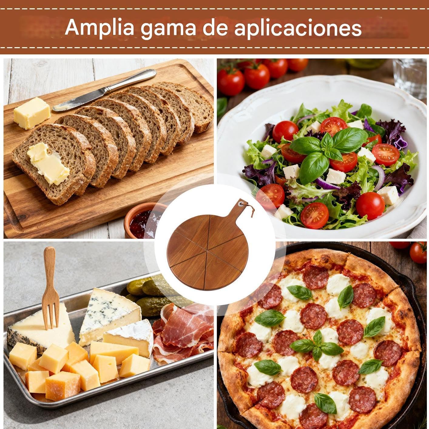 Genérico Tabla Para Servir Pizza | Con 6 Ranuras Y Mango,Tabla De Cortar Y Pala Para Pizza De Madera,Para Hornear En Casa Carne Queso Pan Fruta Comida Accesorios De Horno