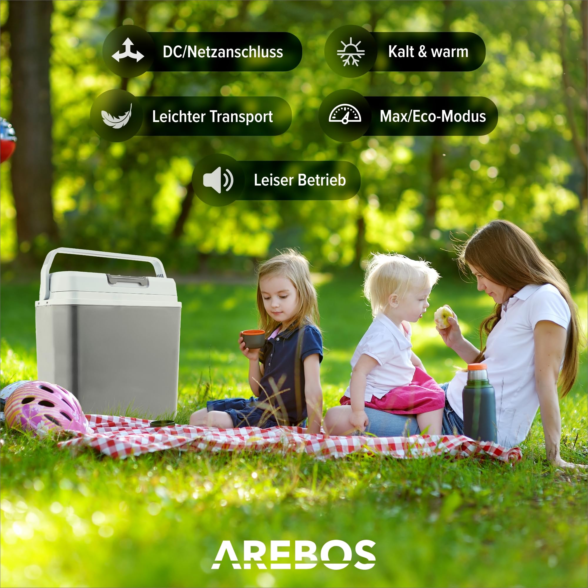 Arebos 20 Liter Kühlbox | zum Kühlen und Warmhalten | Mini Kühlschrank | Thermo-elektrische Kühlbox | mit ECO Modus | 12/230 V für Auto und Steckdose | elektrische Kühlbox