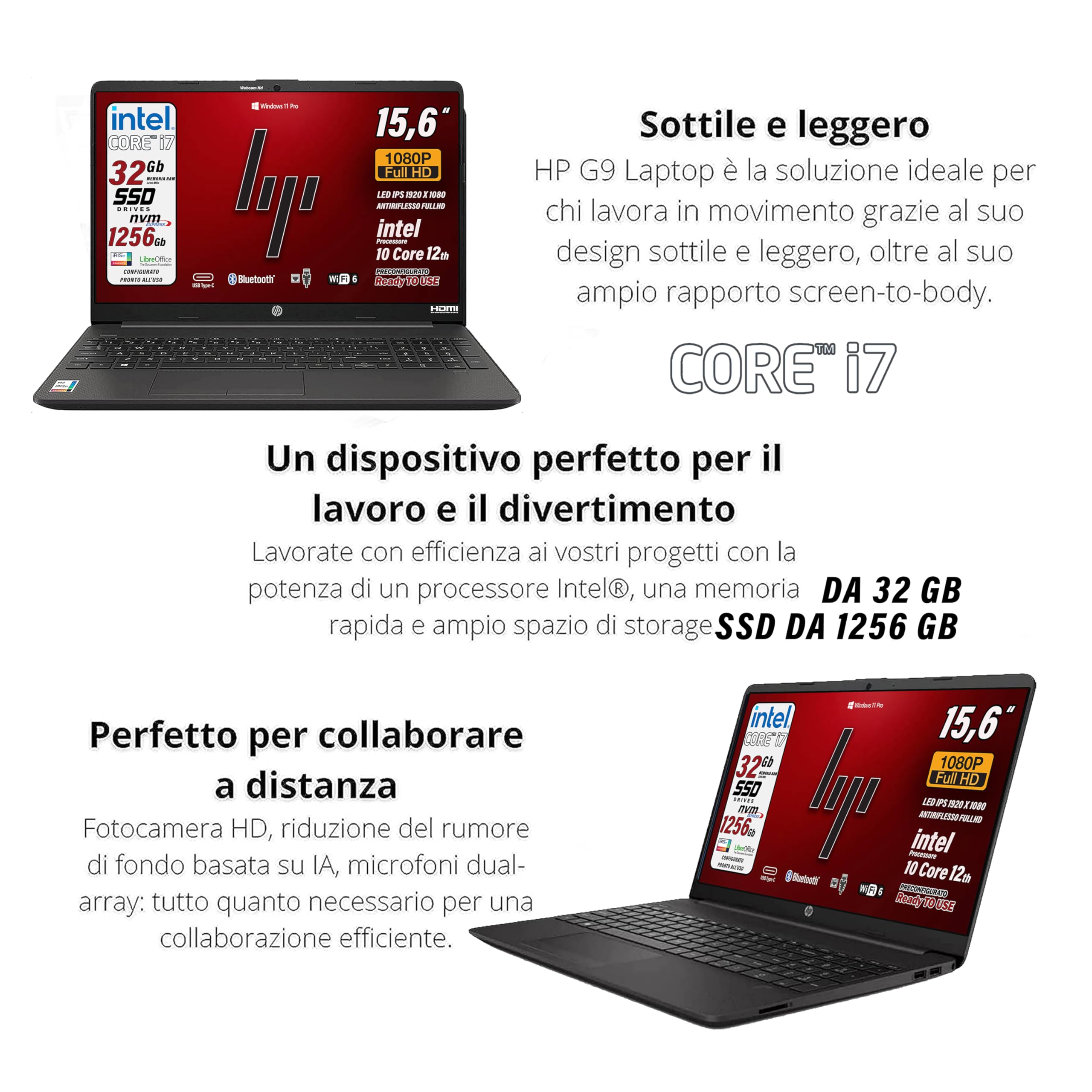 HP 250 G9, Pc portatile notebook, Intel Core i7 12Th, 10 cORe, Ram 32 Gb, SSD Pci Nvme da 256 + SSD da 1Tb, Display IPS 15.6" FullHD IPS, Win 11 Pro, portatile pronto all'uso, Garanzia Italia