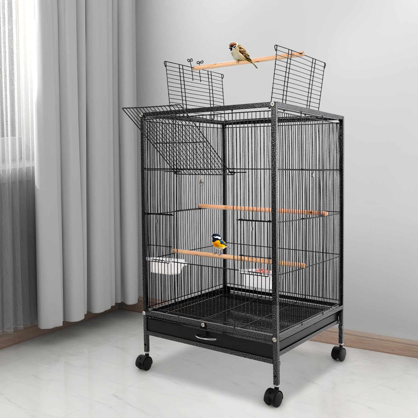 Gabbia per uccelli, grande, per interni, per pappagalli, in metallo, con ruote di trasporto, apertura verso l'alto, 46 x 46 x 94 cm, gabbia per pappagalli con 3 posatoi, ciotola per mangiatoia