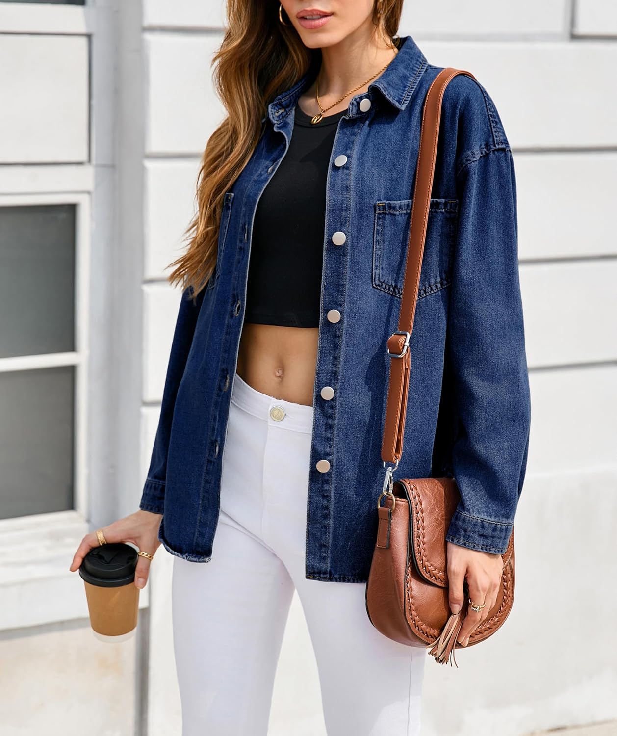 LADYFUL Women's Oversized Denim Shirt Shacket Long Sleeve Button down Casual Jean Jacket Coat - Image 5