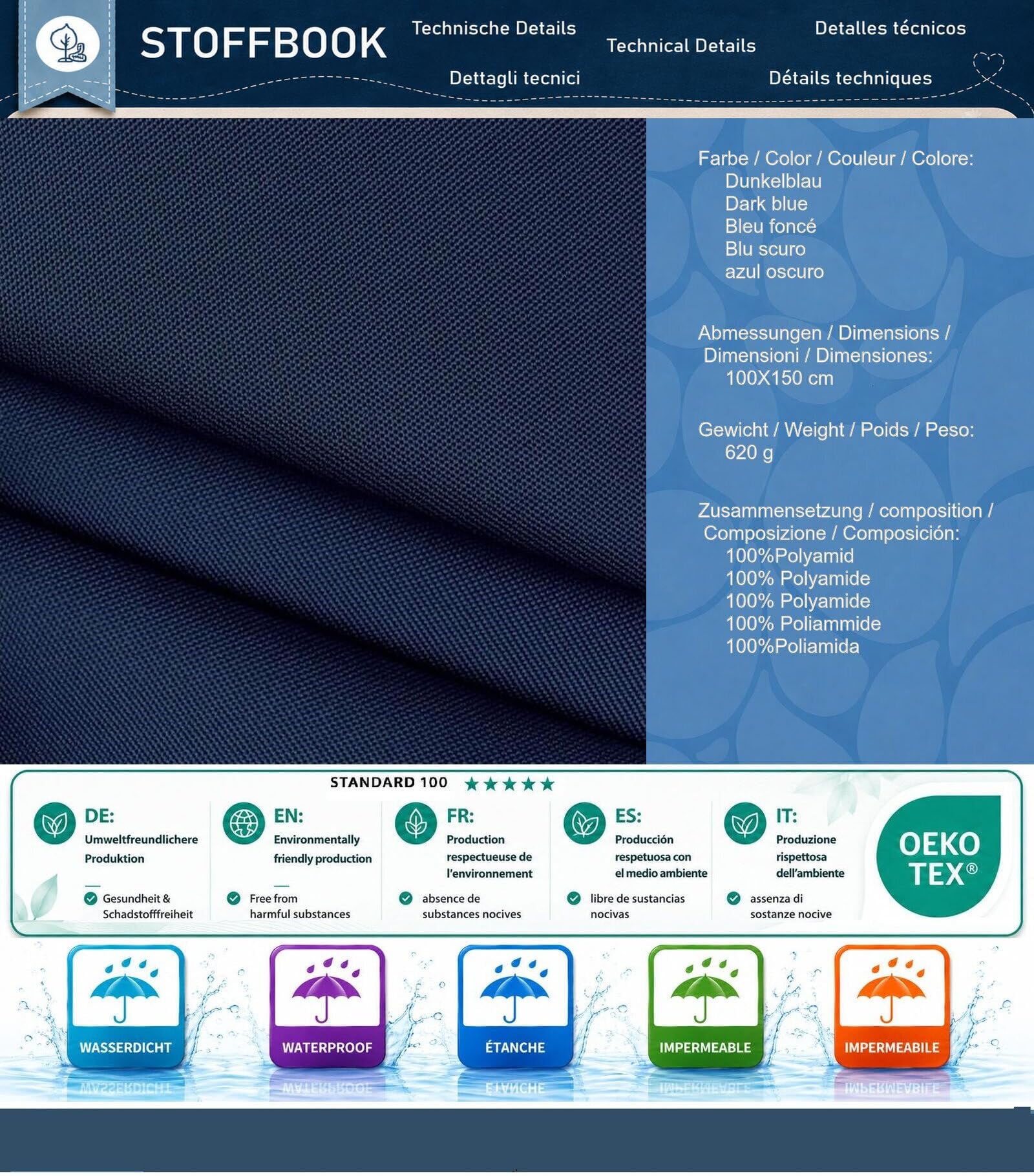 Stoffbook Tela de nailon 600D, 100 x 145 cm, extra resistente, bolsillos (azul oscuro-100 cm)