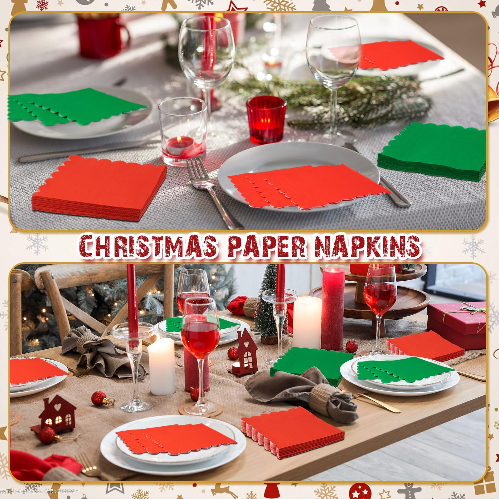 Epakh 200 tovaglioli di carta natalizi rossi e verdi, smerlati, 16,5 x 16,5 cm, fazzoletti di carta usa e getta per cene festive, feste di Natale, matrimoni, compleanni, decorazioni per la tavola