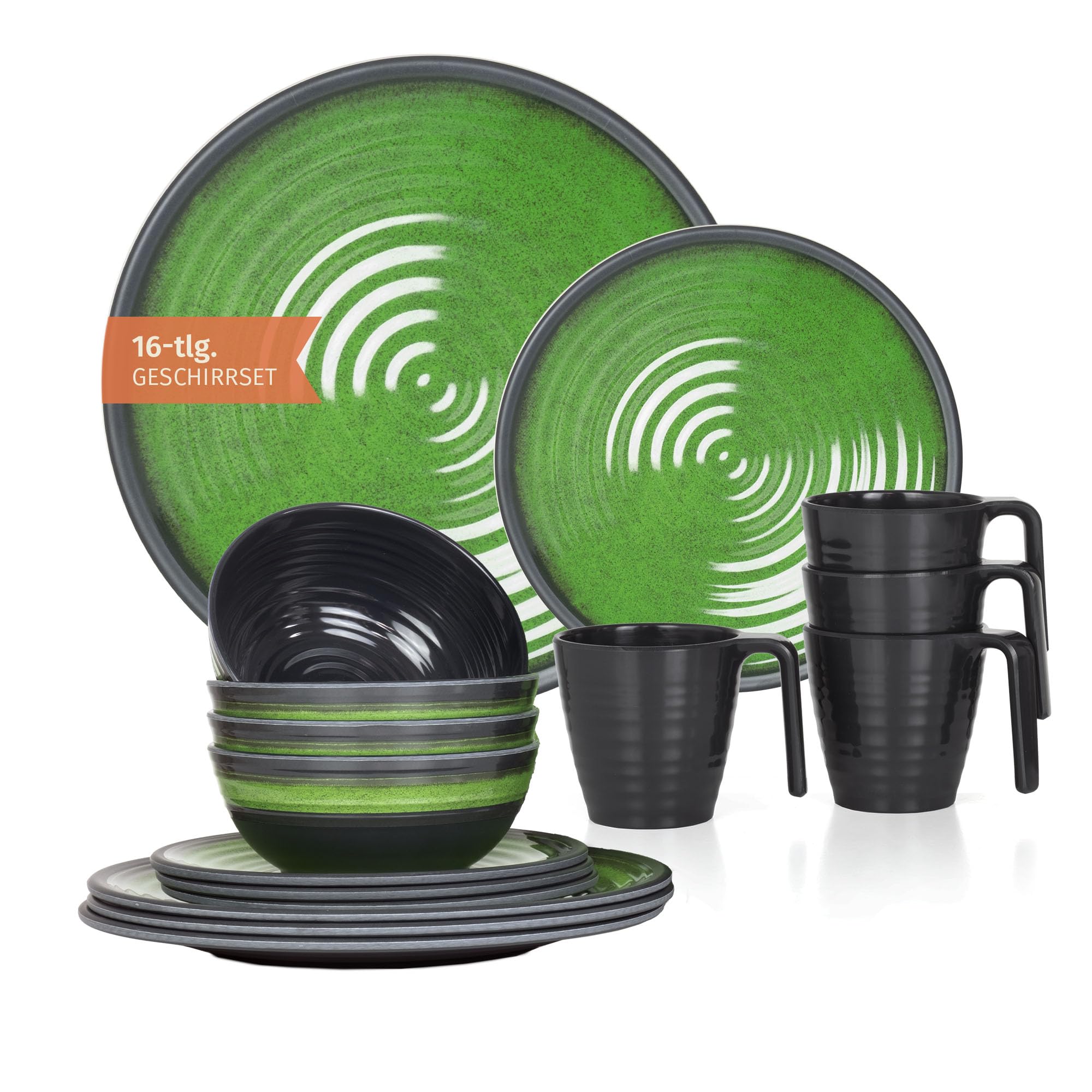 Set di stoviglie da campeggio in melamina, per 4 persone, colore: verde pietra + 4 tazze, stoviglie da picnic, barbecue