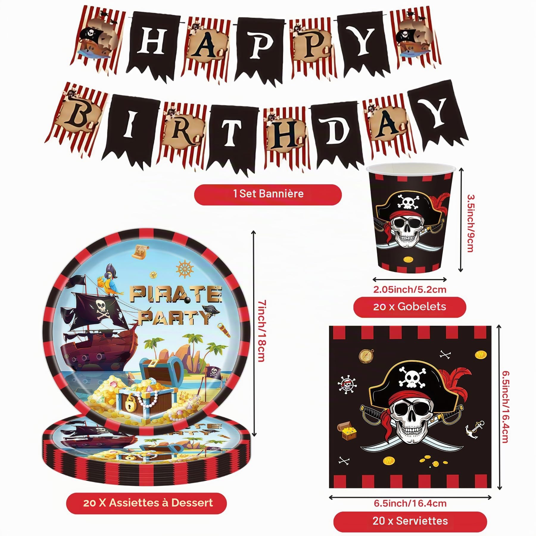 Set de décoration pour anniversaire pirate, 80 pièces - Vaisselle de fête pirate avec grand ballon en feuille pirate, kit d'accessoires de fête, décoration de fête pirate, assiettes en carton pirate