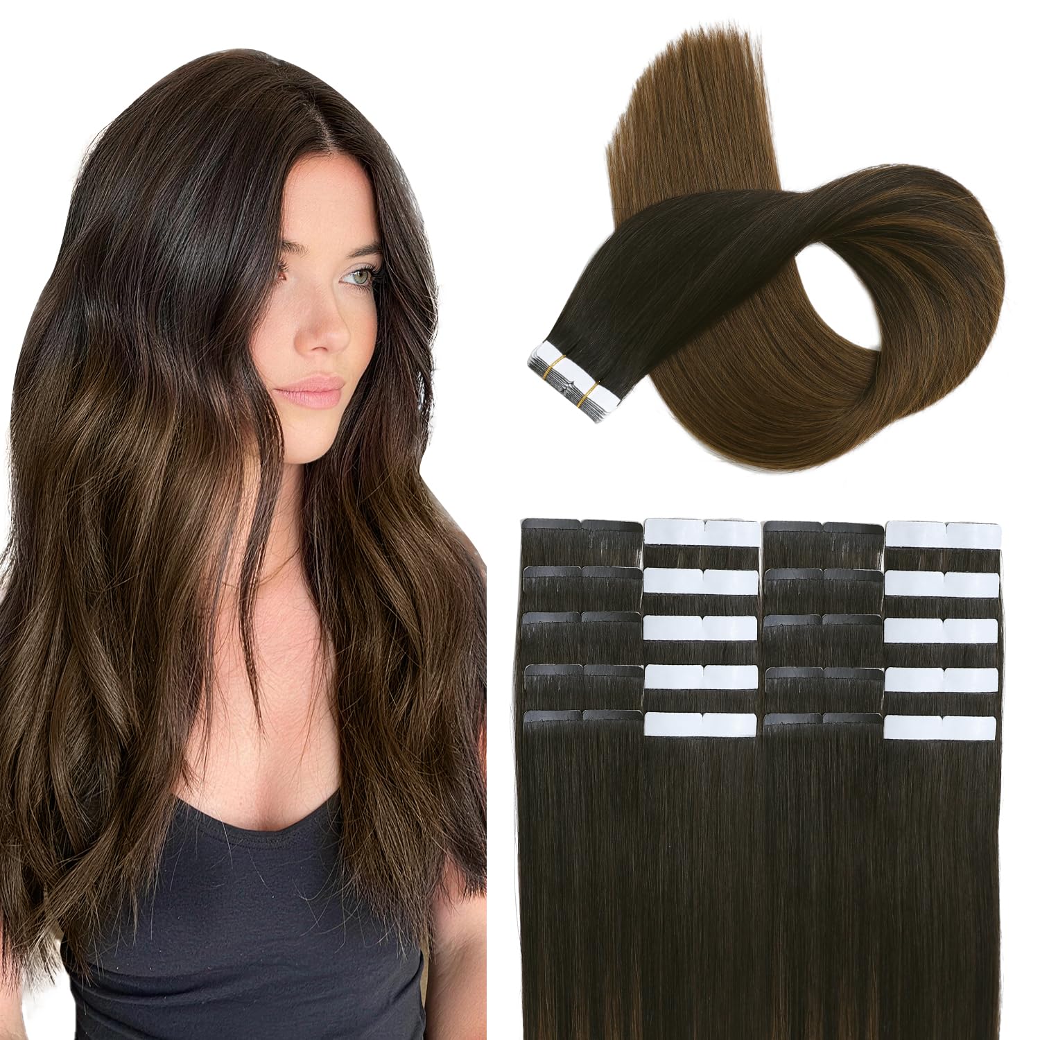 XDhair Tape in Extensions Echthaar 20pcs 50g 55cm Natürlich Schwarz to Dunkel Braun Ombre Extensions Echthaar Seidig Gerade Tape Ins Remy Echthaar Extensions (#1BT4-22)